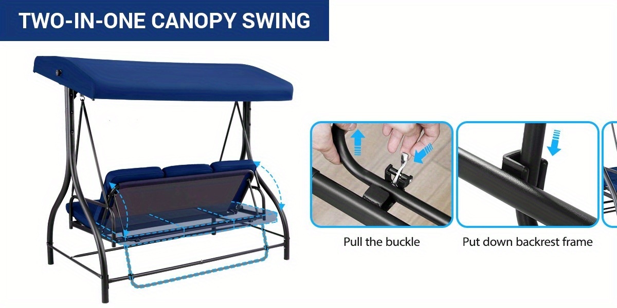 3 Person Patio Porch Swing Outdoor Converting Swing Glider Hammock with Adjustable Canopy, Cushions for Outside Backyard, Garden (Pillow Not Included)