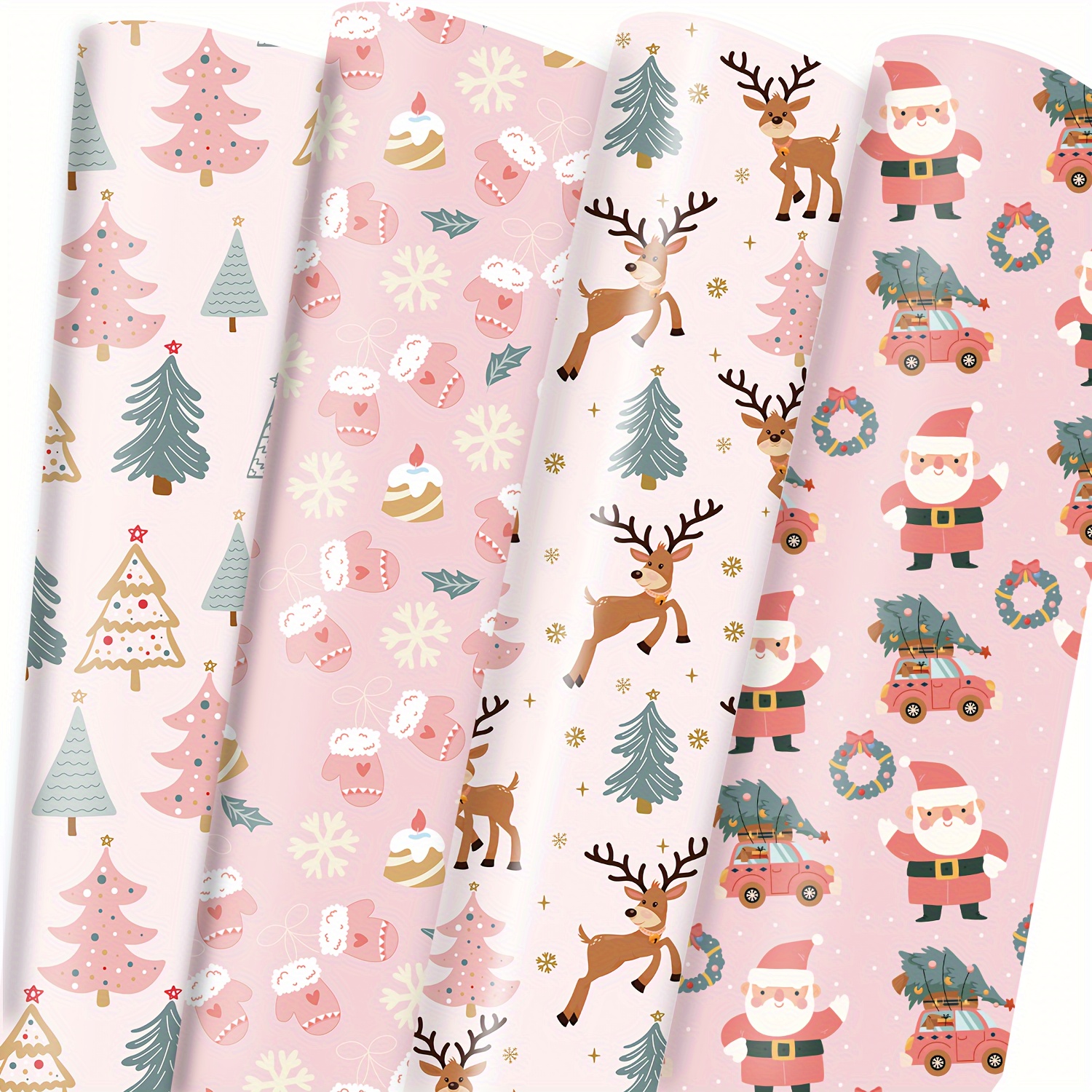 

8pcs Pink Christmas Wrapping Paper Set, 20x28 Inch - Festive Santa, Reindeer & Tree Designs For Holiday Gifts And Party Decorations, Christmas Wrapping Paper, Pink, Santa, Reindeer, Holiday Party