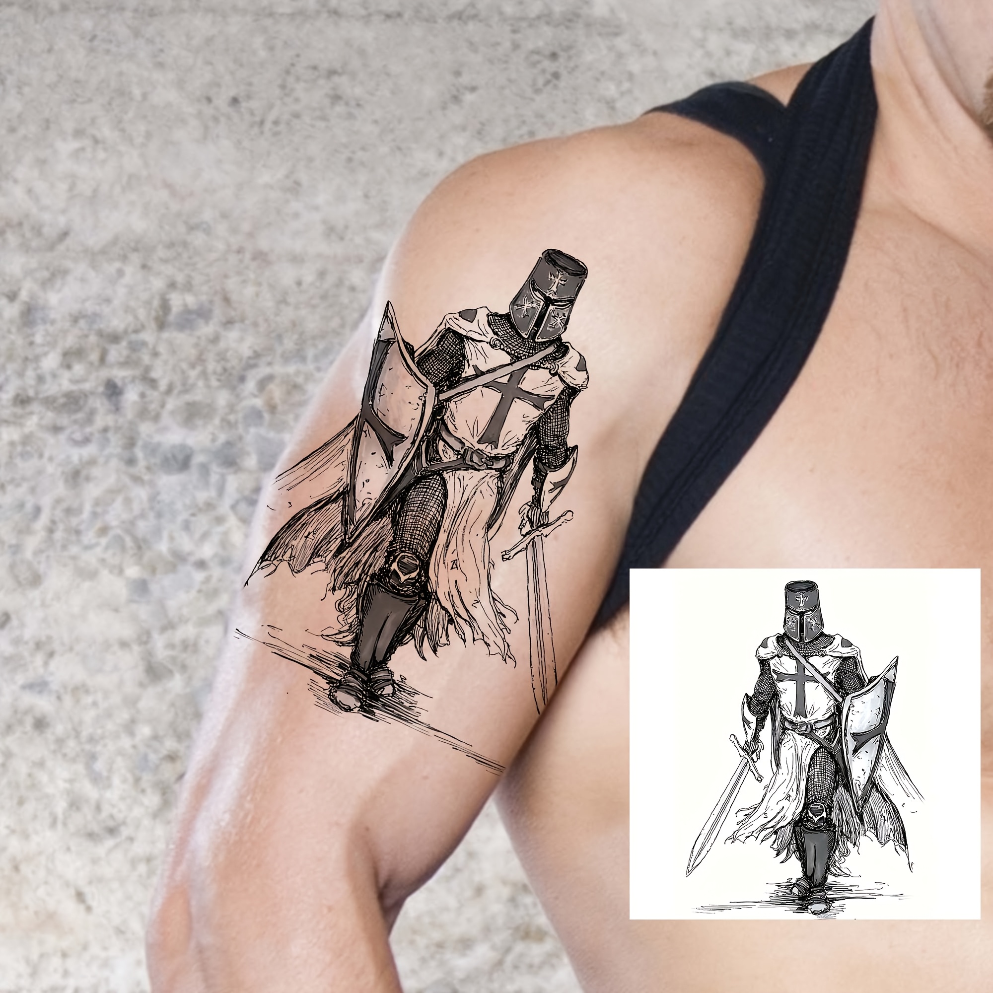 1 Sheet Templar Sword & Shield Temporary Tattoos Suitable For - Waterproof Realistic Medieval Tattoos With Sword & Shield Designs, Long-lasting Fake Body For Thigh, Arm,, Neck For Parties,, Daily Wear