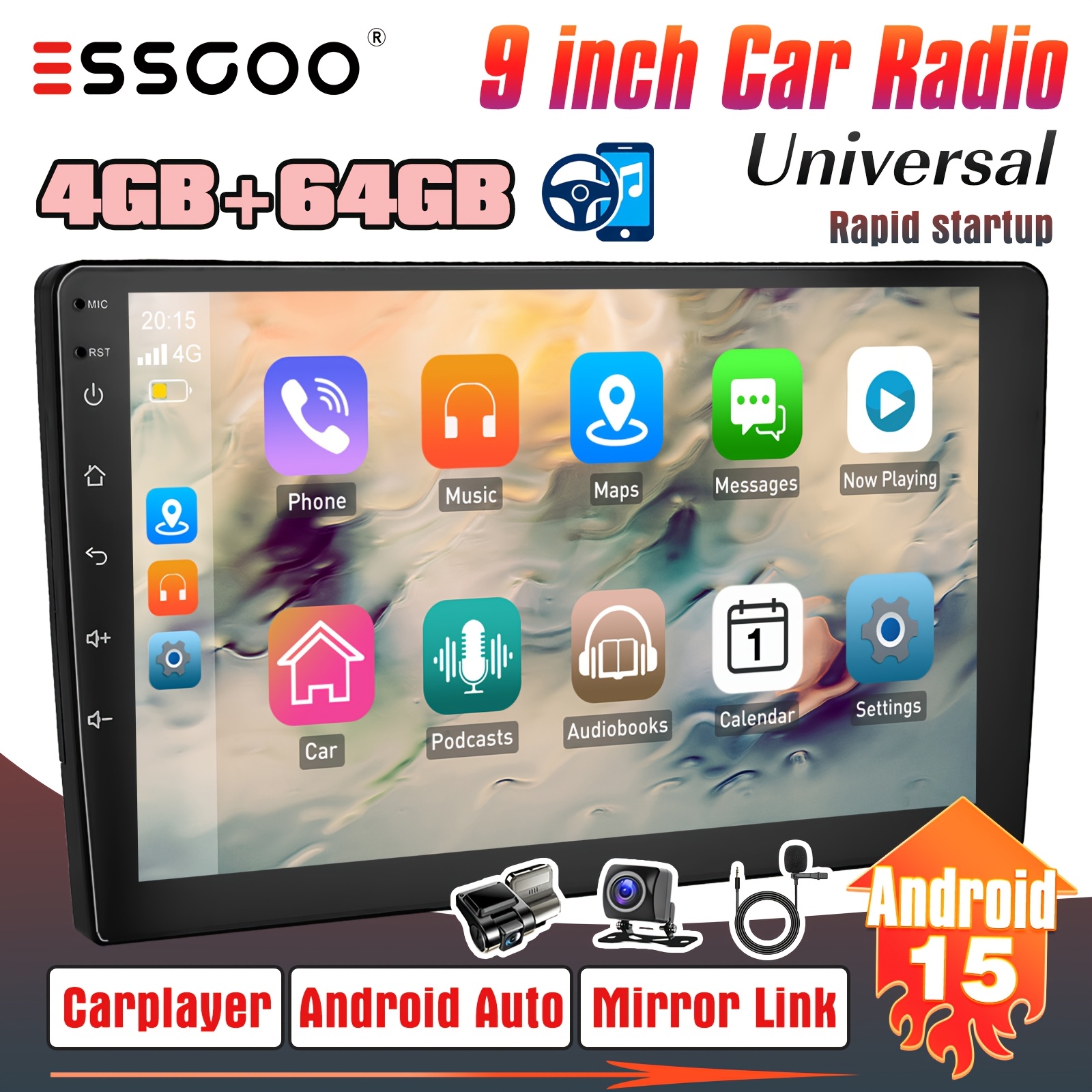 Essgoo Universal 9-inch Ips 15 Car Stereo | 4gb+64gb 2din | Wireless Carplayer & Auto | With | Fm Rds Radio + Asp Sound Eq | Steering Wheel Control & Rear Camera Input | Supports
