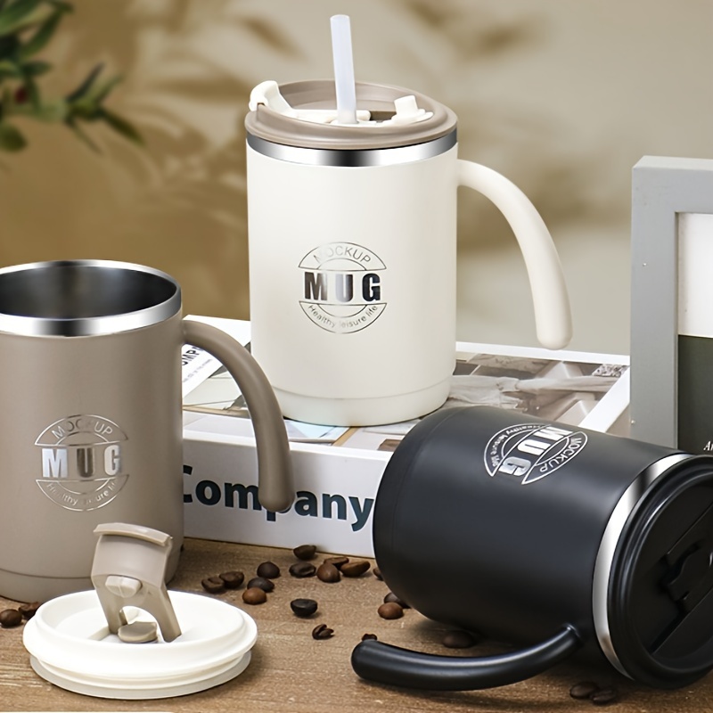 

304 Stainless Steel Insulated Mug With Straw, Double Wall Portable Milk Mug With Scale, Office Coffee Mug With Handle