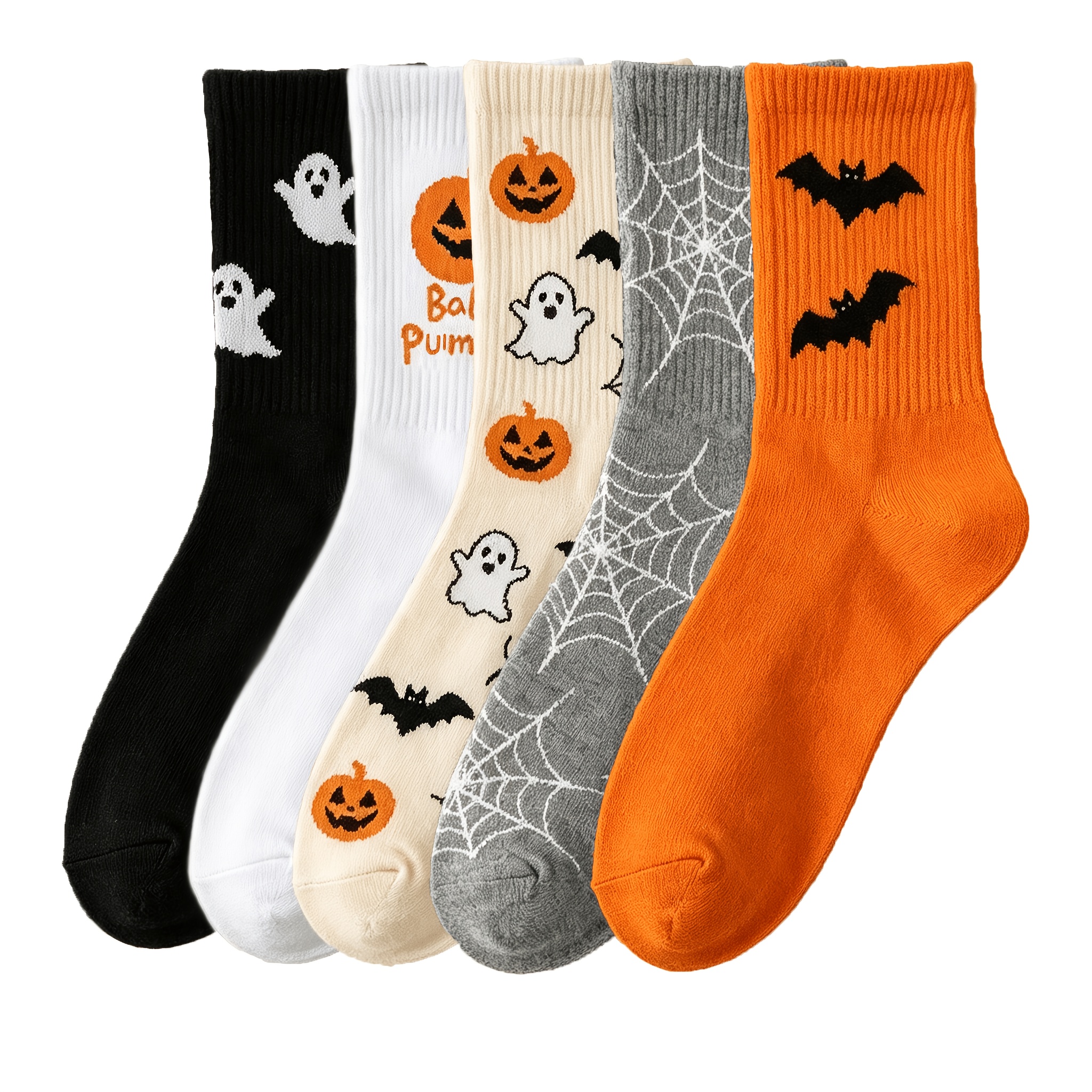 TEMU 5-pair Set - Autumn Winter Halloween Mid-calf Socks Set, , Pumpkin, Bat, Spider Web Horror Pattern Short Socks, Individual Fun Halloween Party
