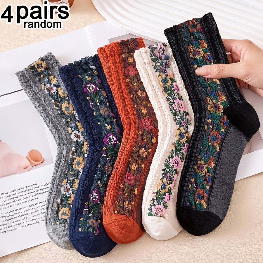 TEMU 4 Pairs Random Women Vintage Floral Textured - Romantic Mid-calf Socks For Home, Outdoor, Vacation & Daily Wear