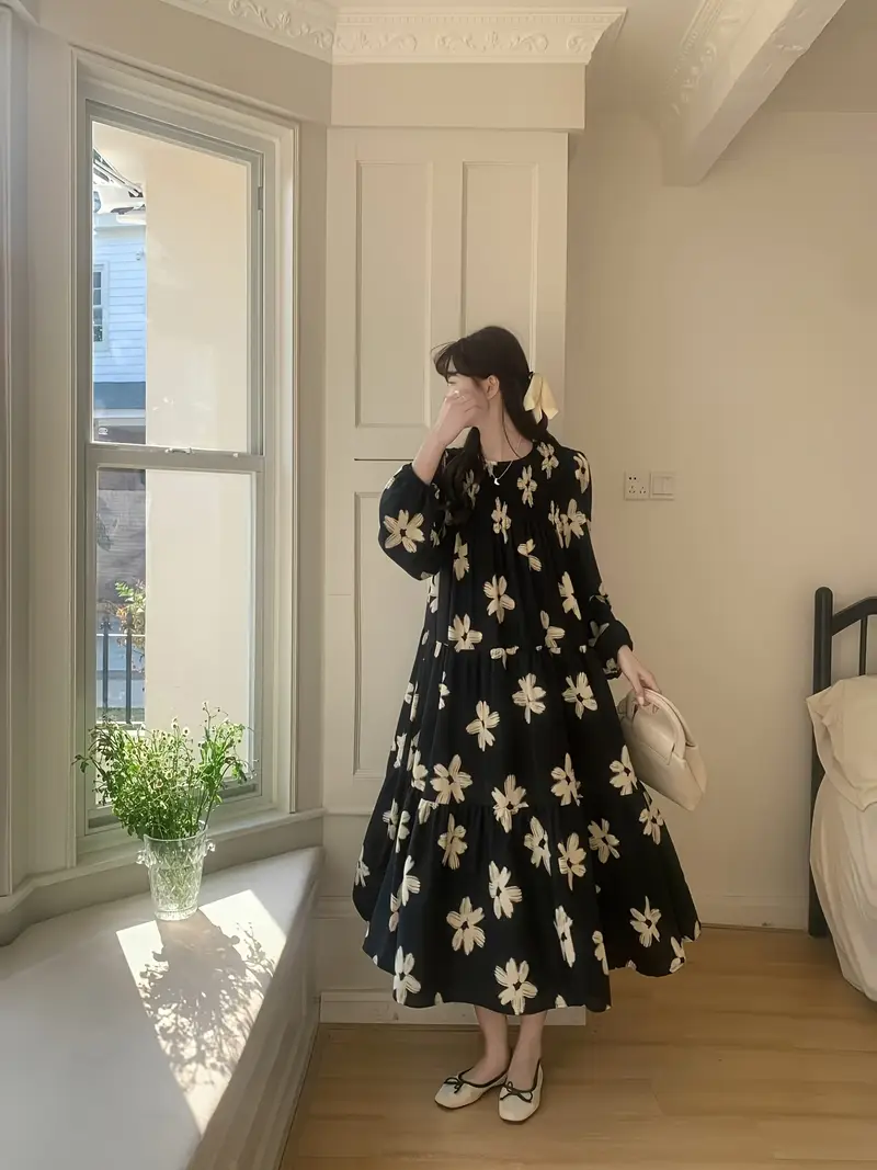 casual maxi dress for women party wear gljltg Women's Casual Flower Print Tiered Maxi Dress with Pockets, Polyester Spandex Lightweight Breathable Summer Winter, Beach Travel Work Party