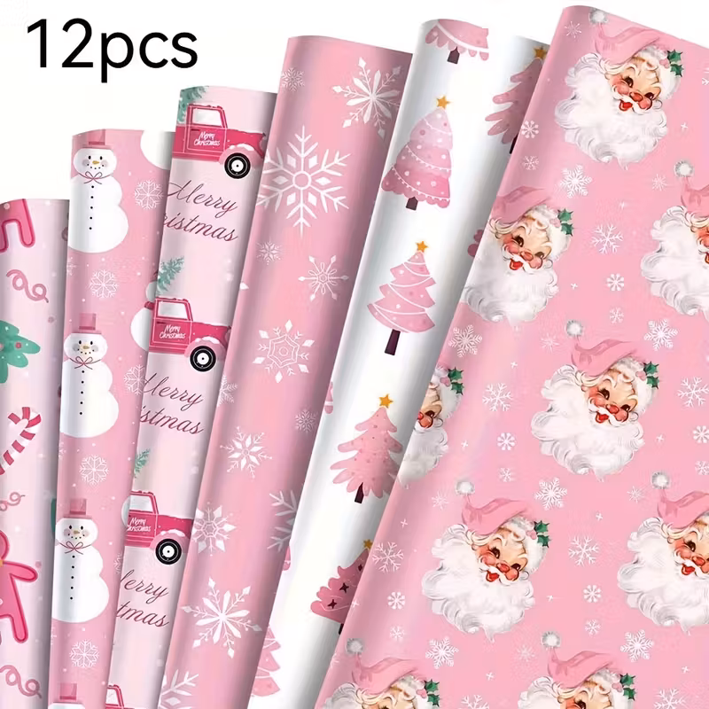 6/12 rolls christmas gift wrapping paper with snowman, gingerbread for man, heart and balloon patterns - soft winter theme with white snowflakes, and white rolls - elegant packaging paper suitable for birthdays, valentine's day, new year, parties - compatible with tape and labels - festive design with reindeer, snowman, and christmas tree - ideal holiday gift wrapping, christmas wrapping paper, pink christmas wrapping paper, christmas decoration, pink christmas decoration | Free Shipping On Items Shipped From Temu | Temu United Kingdom