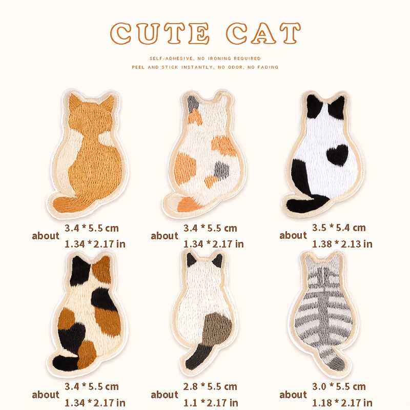 TEMU Set Of 6 Self-adhesive Cat Patches, Embroidered Appliqué For Mending, Suitable For Clothing, Bags, Hats, Phone Cases, And Additions (mixed