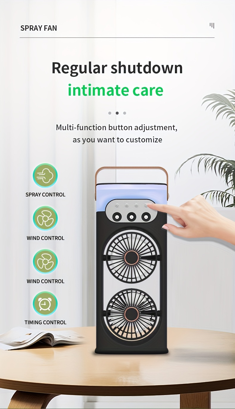 portable usb dual fan with humidifying misting feature painted plastic table fan for indoor and outdoor cooling   operation with button control multi component accessory no battery required details 15