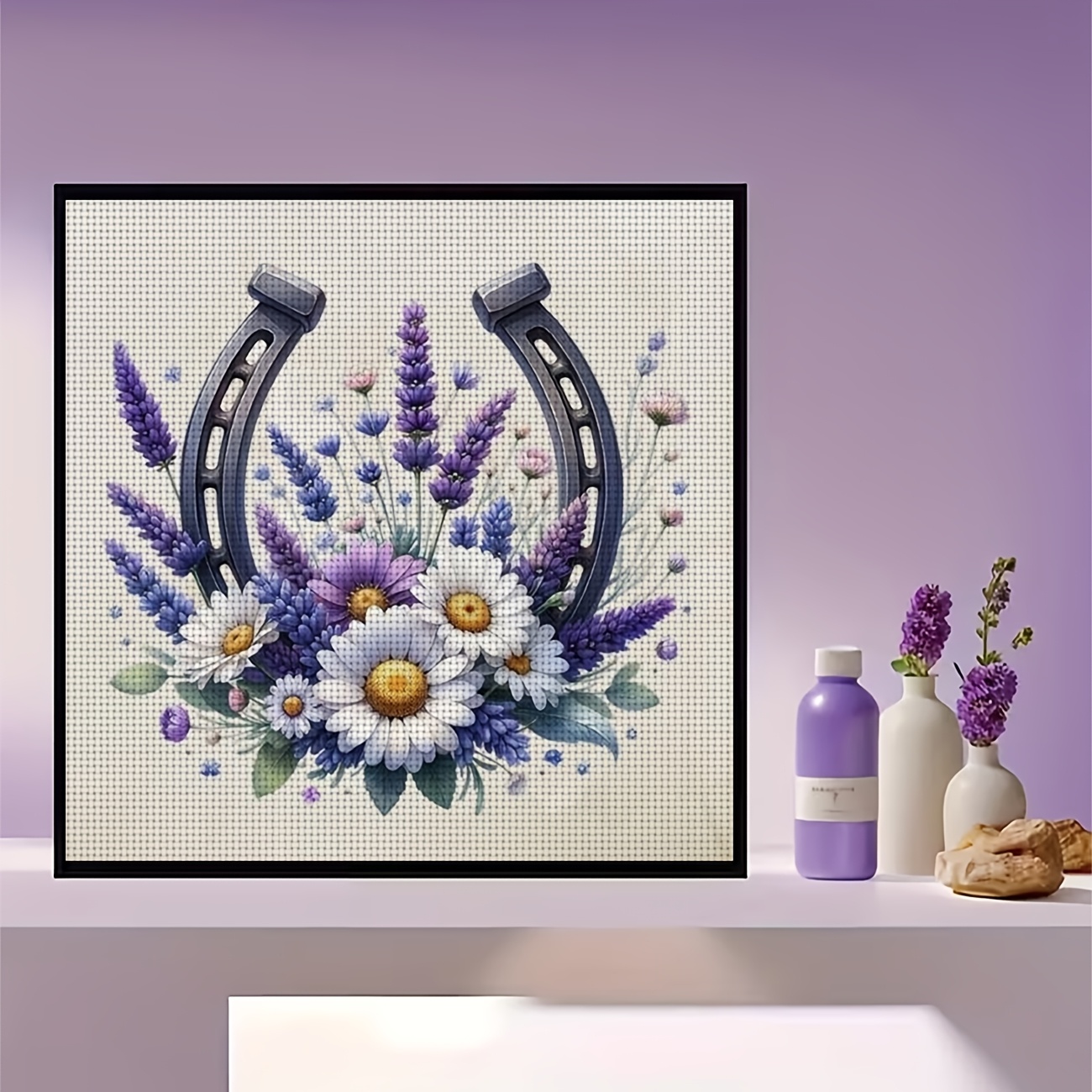Cross-Stitch Printing Kit Without Frame, Lavender Daisy Horseshoe Design