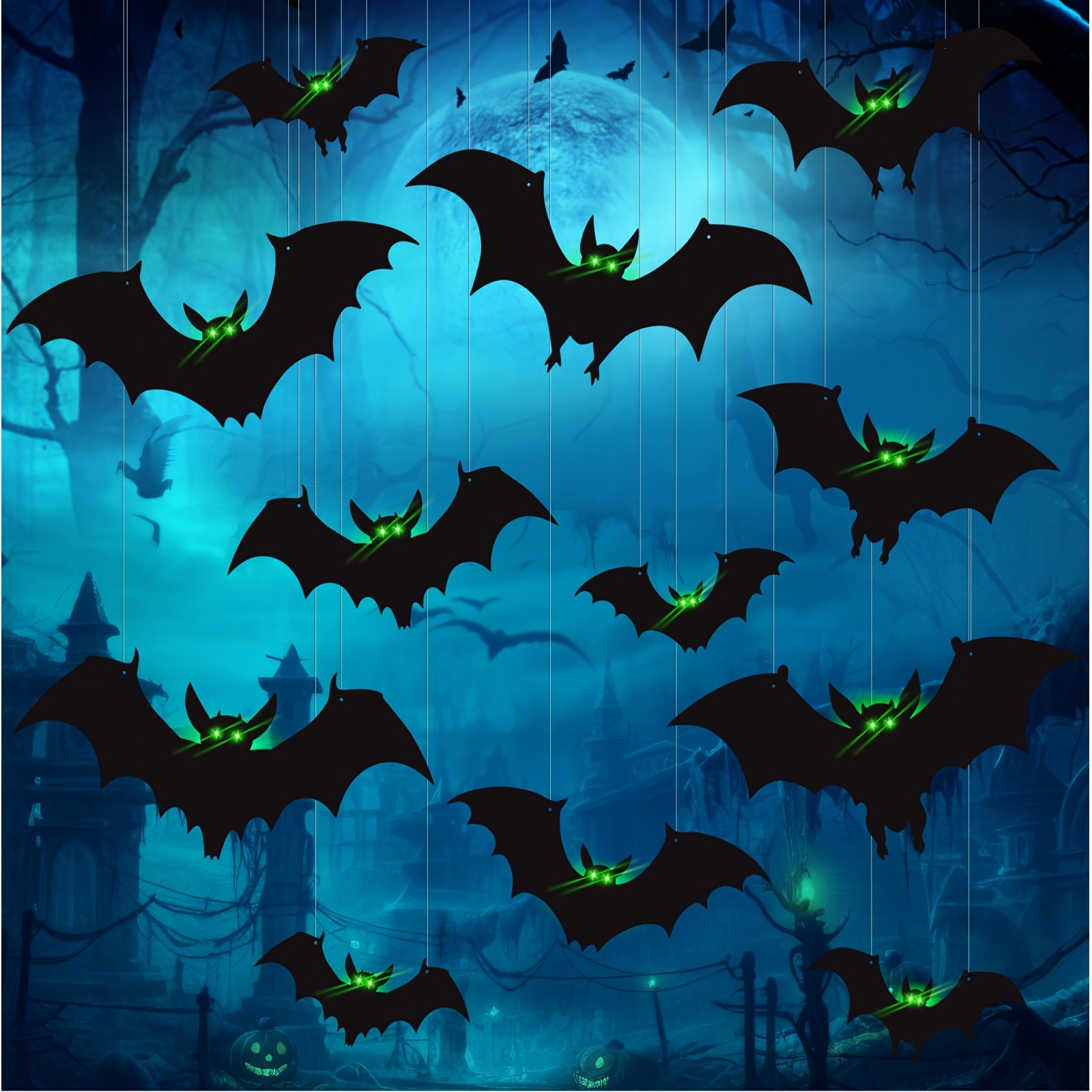 TEMU 12pcs Spooky Halloween Bats Decorations Outdoor/indoor - Hanging Bat Decorations With -the-, Large Flying Bats - No , Hooks For Tree, Porch,