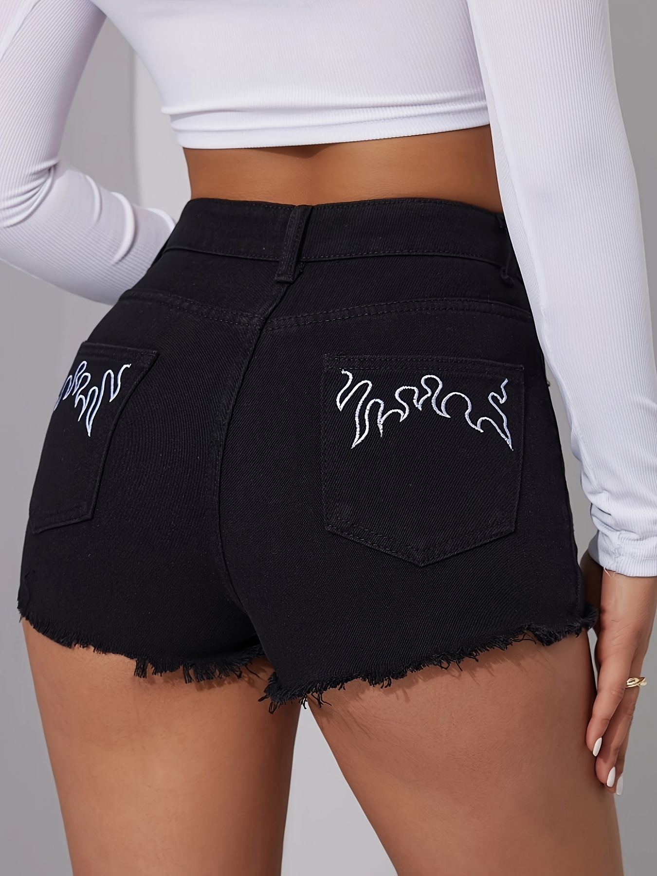 Flame Embroidery Hem Slash Pocket Denim Shorts Zipper - Temu Canada