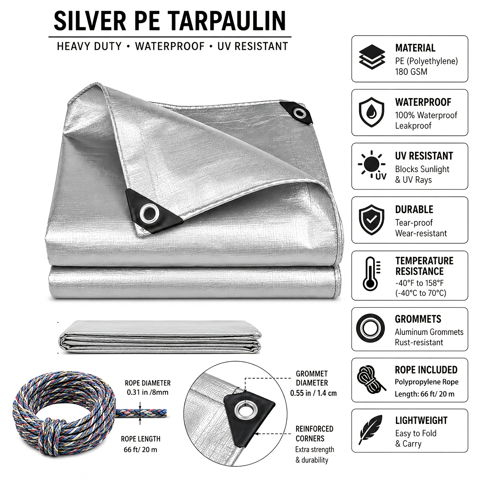 Image of 180 Gsm Polyethylene Tarpaulin, Sides Used, Waterproof And Uv-resistant Outdoor Protective Cover, Equipped With Ropes, Suitable For Vehicles, Gardens And Construction Sites
