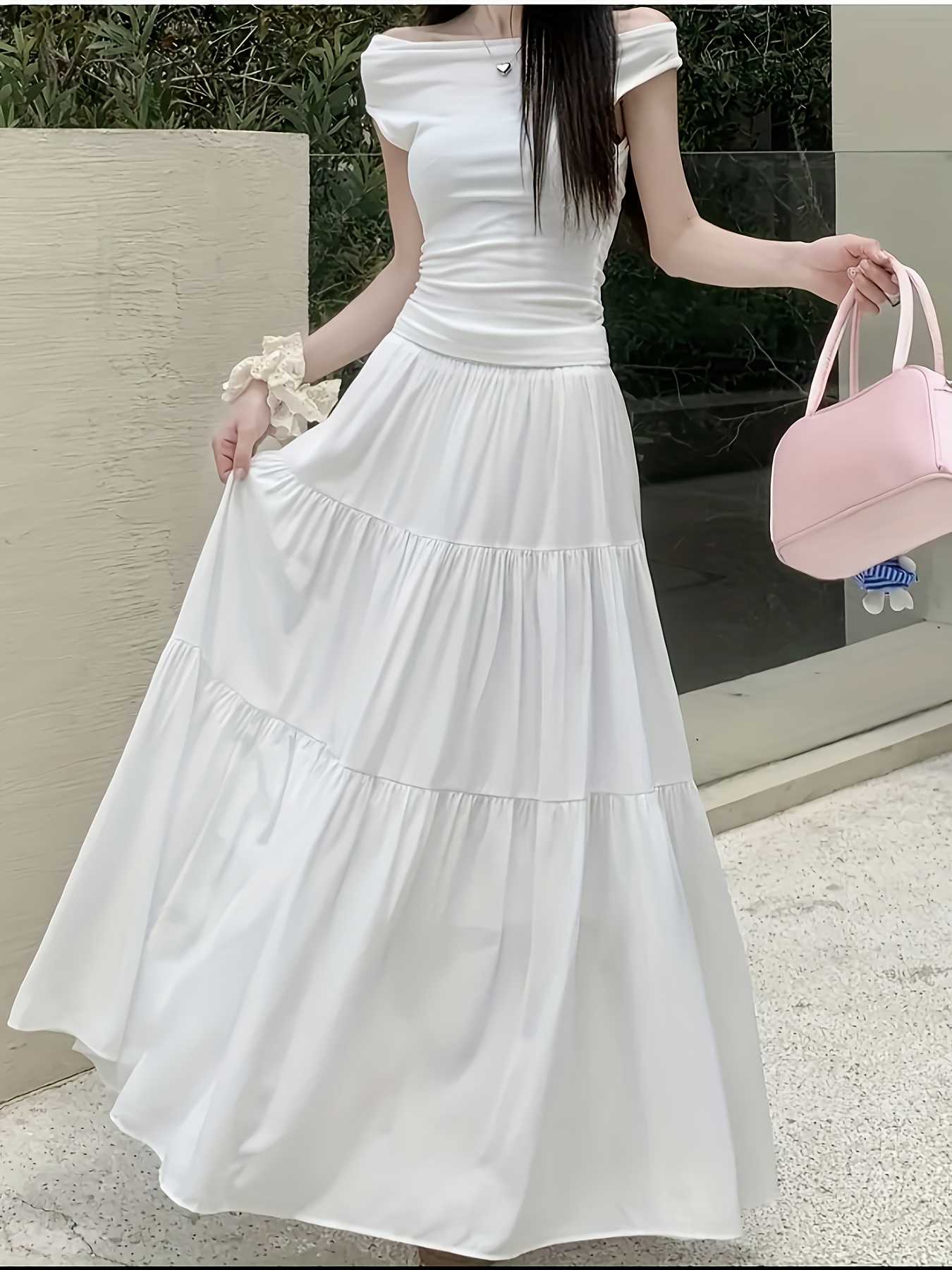 ハーリップトゥ　High-Waist Tiered Long Skirt M women's casual high waist tiered ruffle flowy maxi skirt