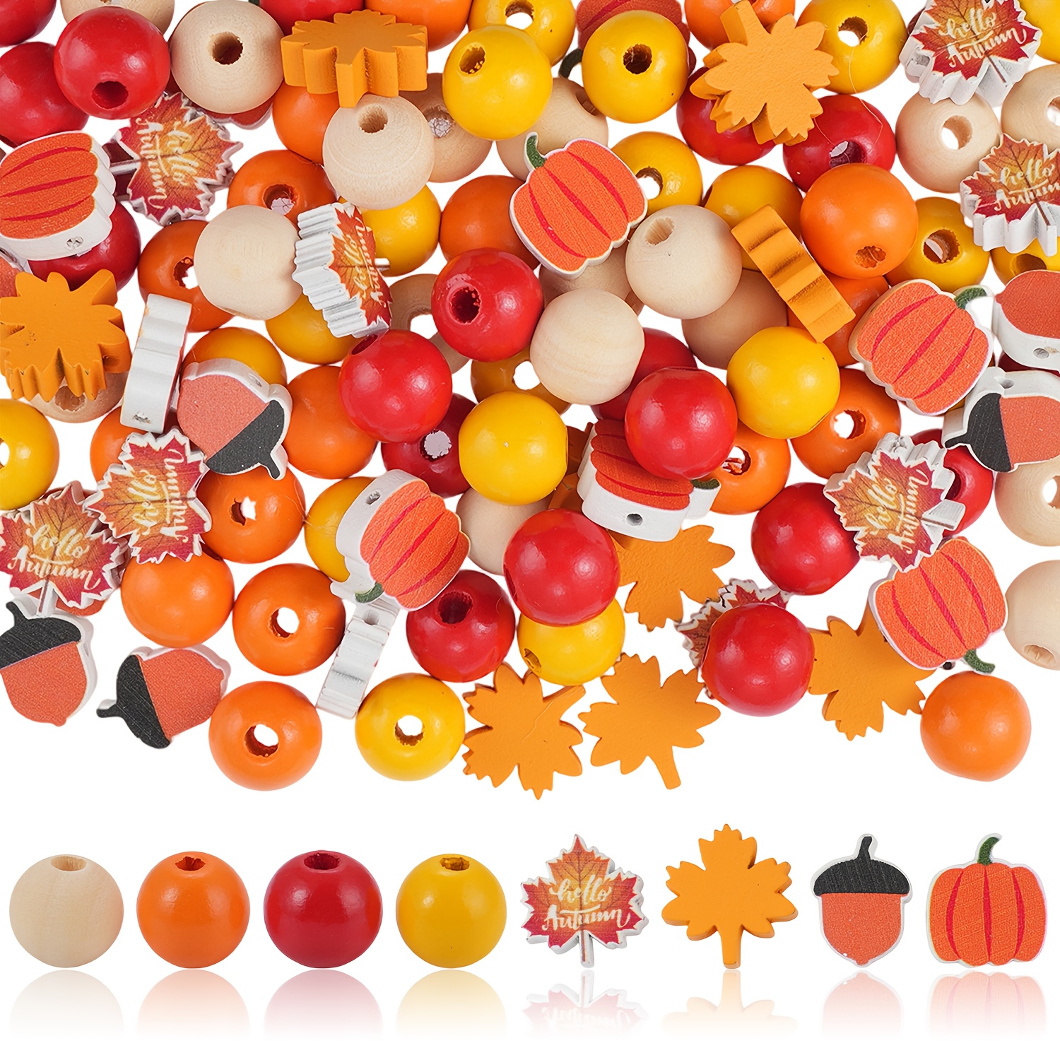 Image of 60pcs Autumn Wooden Beads Thanksgiving Orange Craft Beads Pumpkin Maple Leaf Colored Round Beads For Halloween Jewelry Making Home Party Decor