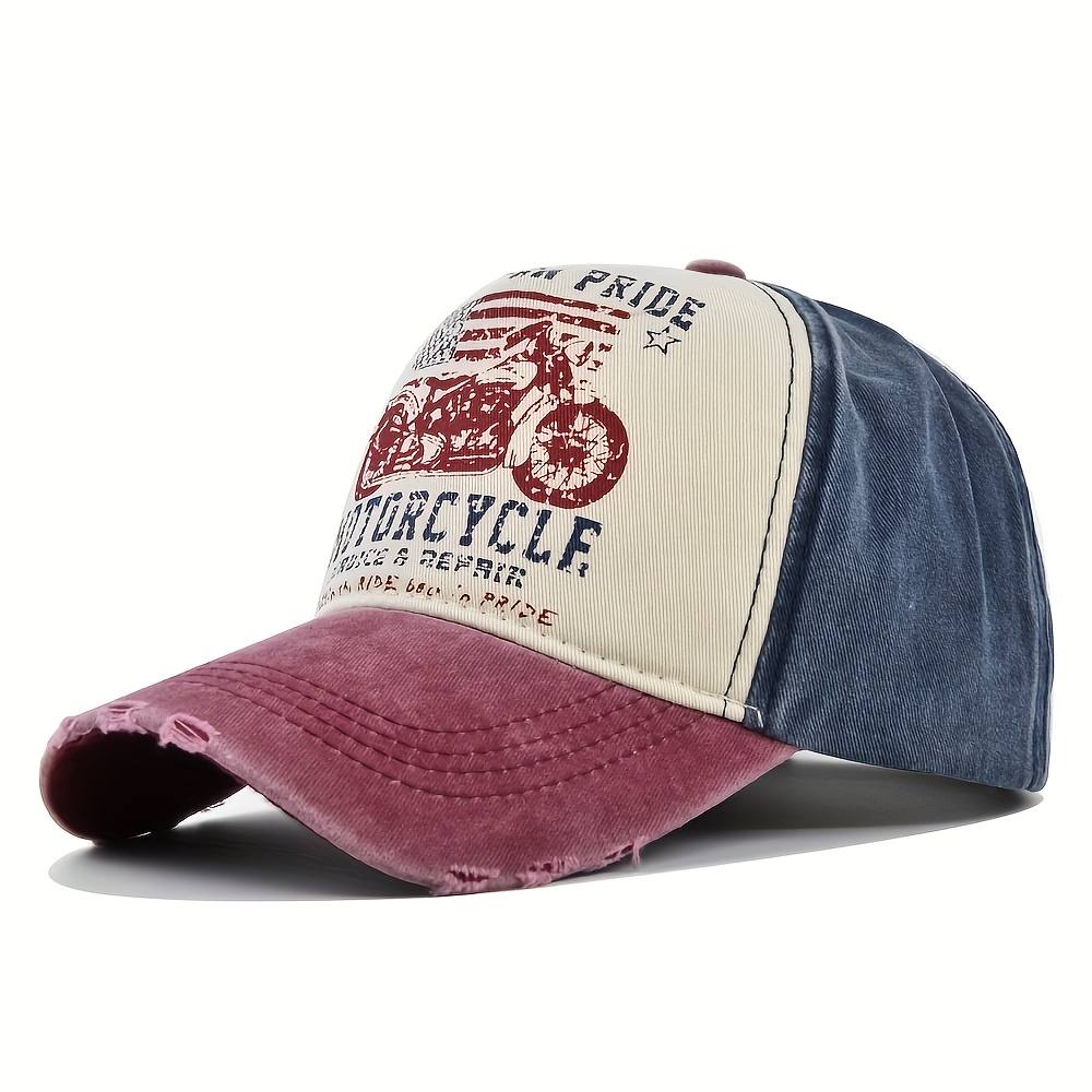 TEMU Casquette de baseball vintage délavée avec motif et lettrage de moto, chapeau à visière incurvée pour voyage air, design polyvalent à blocs de