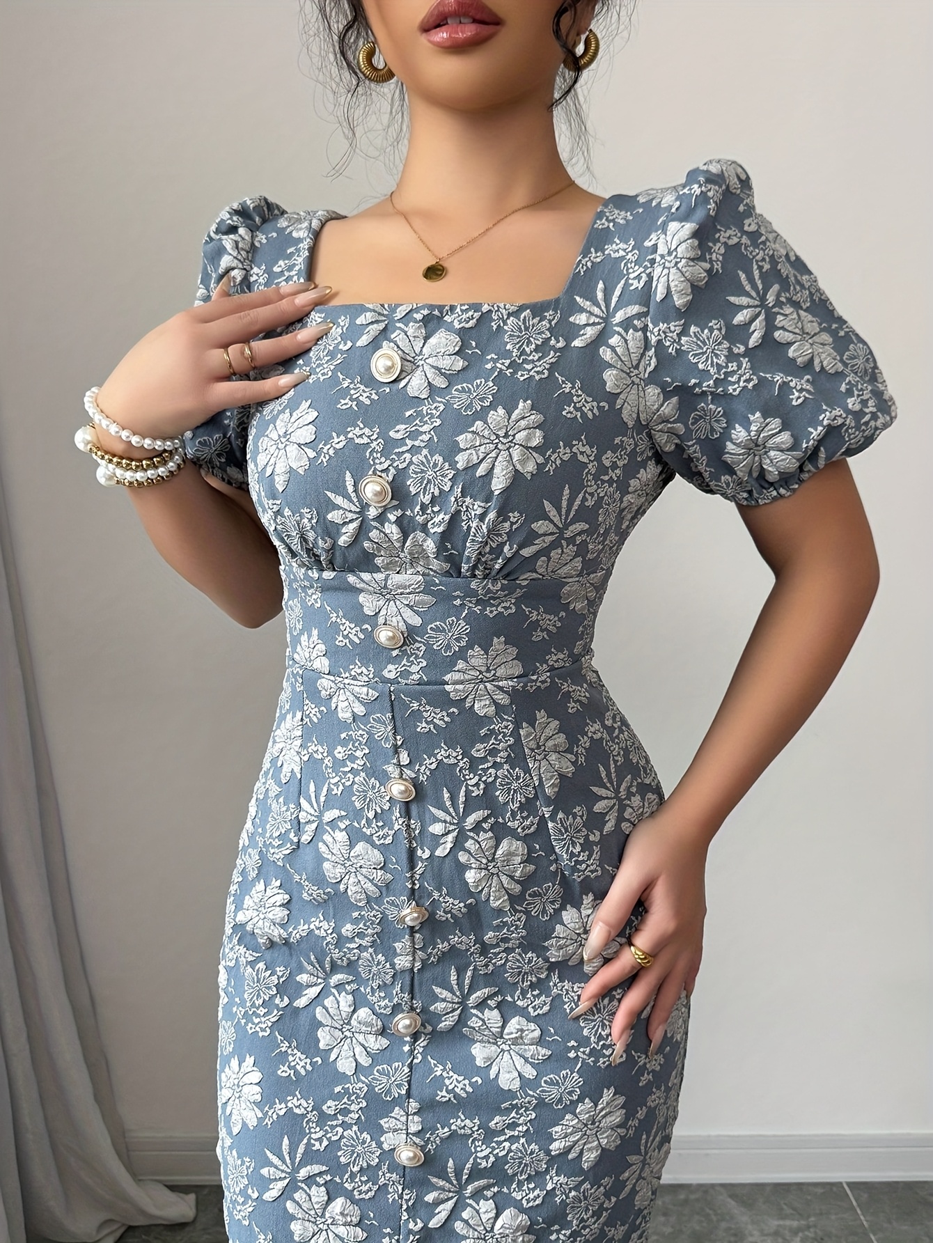 womens floral jacquard puff sleeve square neck dress - Temu