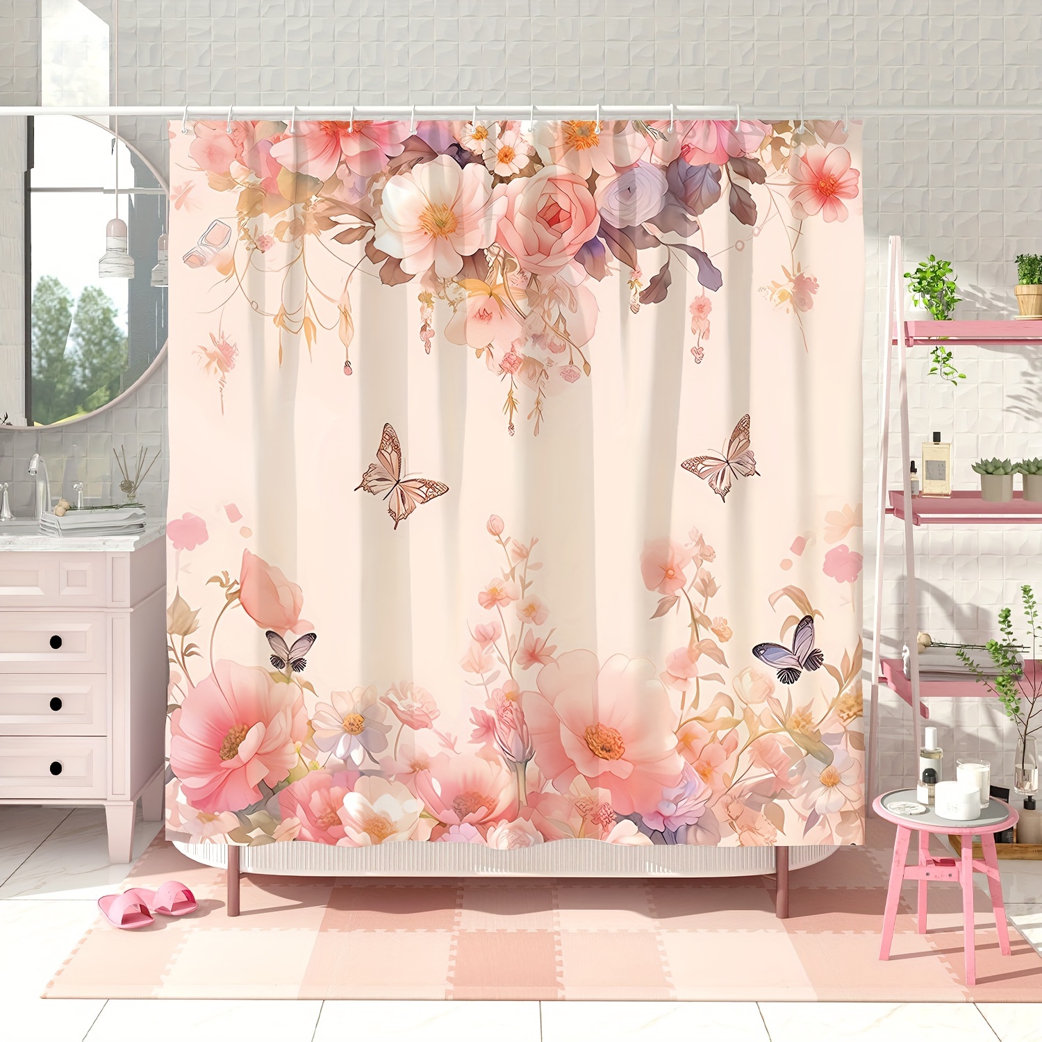 

1pc Pink Flower Butterfly Printed Shower Curtain, Waterproof Bathroom Shower Curtain With Hooks, Suitable For Spring Bathroom Bathtub Decoration, Bathroom Accessories, Aesthetic Room Decor