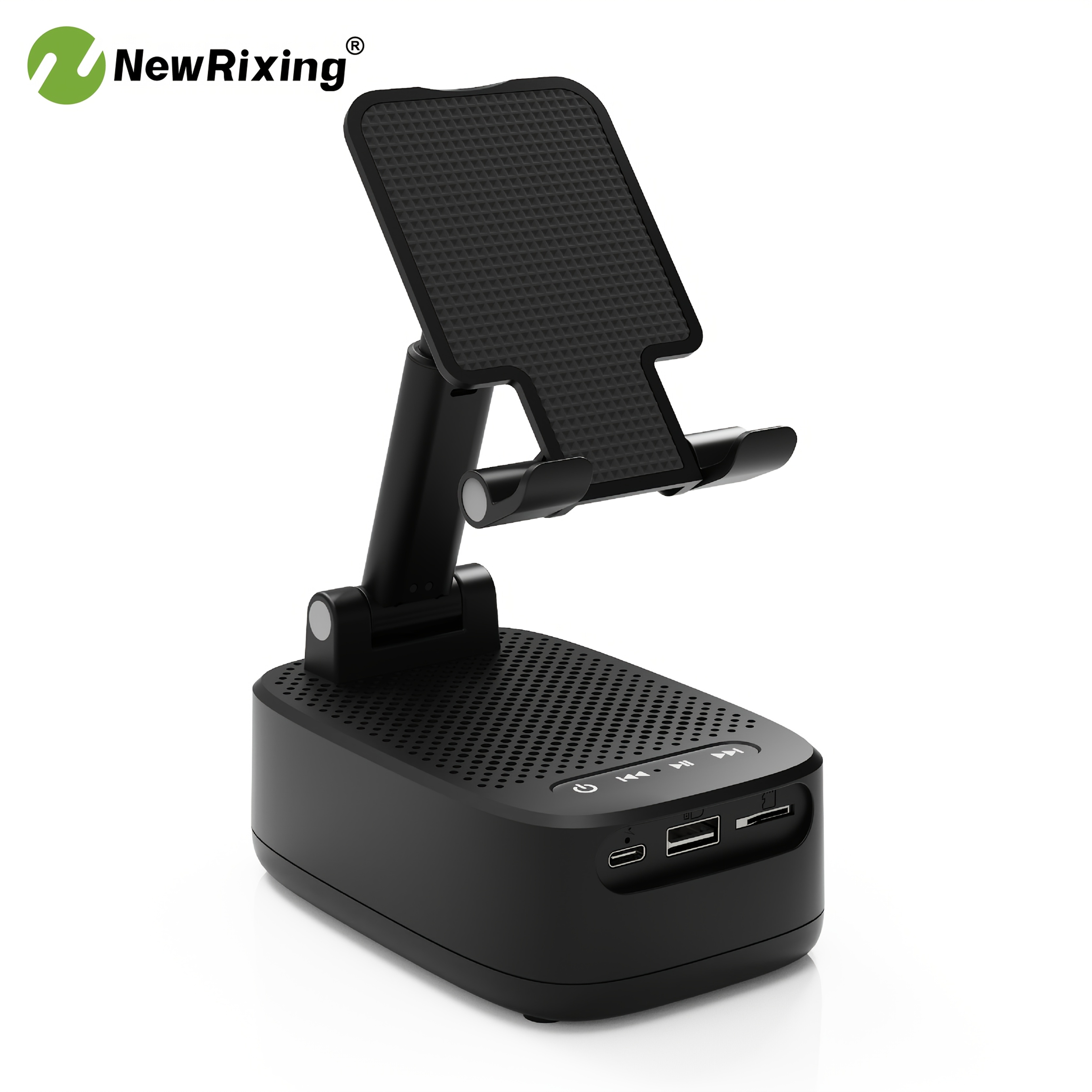 Alto-falantes sem fio NewRixing 6W com suporte para celular, emparelhamento TWS, bateria de 3000mAh, uso de celular mãos-livres, power bank móvel, suporta reprodução BT, TF, USB, 7 horas de reprodução, qualidade de som Hi-Fi, estéreo alto e graves potentes, carregamento USB-C, para