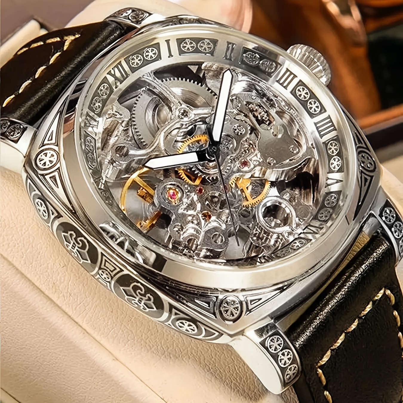 E-shop 1 Stück Retro-Mechanisches Uhrwerk für junge Männer, mit einem gelben und schwarzen PU-Gürtel und einem , geschnitzten, hohlen Tourbillon, ohne