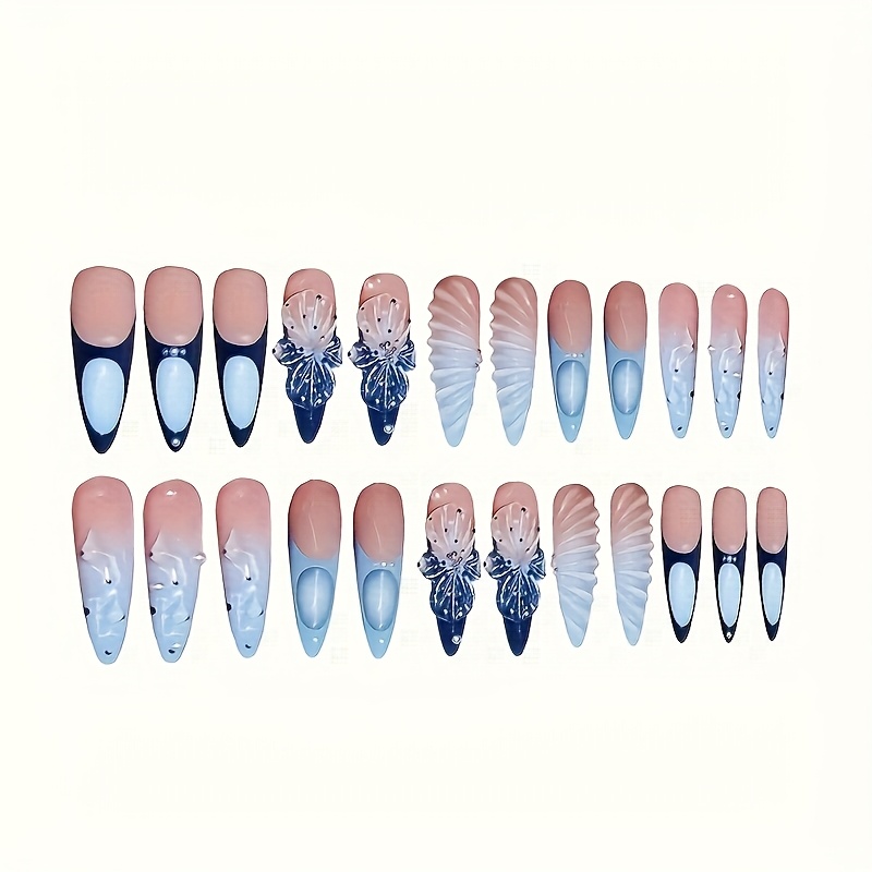 TEMU 1 Set de 24pcs Faux Ongles Longs en Style Océan Frais Mode Pois 3D Cristal Perles de Luxe Légères Adaptés à Toutes les Femmes Et Boîte Incluant