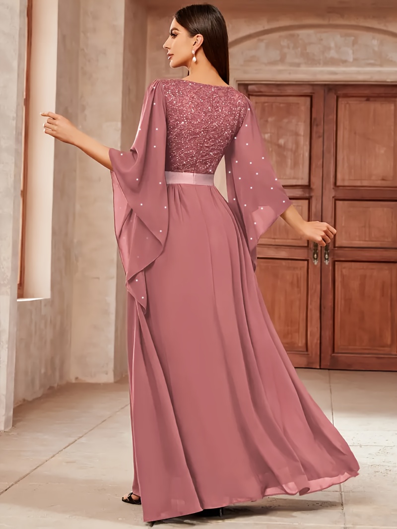 Elegant Women's V-neck Lace-trimmed Chiffon Banquet Gown, Suitable for Parties, Dinners, and Weddings