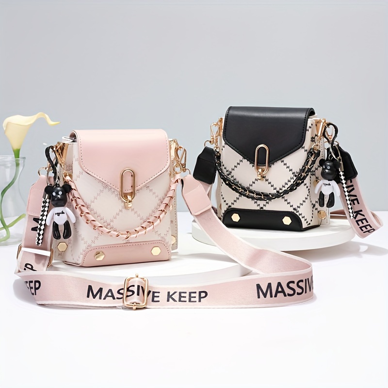 

Women's Mini Crossbody Bag With Chain Decor, Flap Mini Shoulder Purse, Classic Shoulder Bag With Wide Shoulder Strap