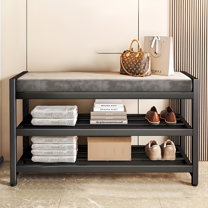 3-Tier Shoe Bench and Storage Bench - Multi-Size Options, Multi-Functional Entryway Organizer with Soft Cushioned Seat, Metal Frame, Shoe Rack, Suitable for Home, Hallway, And Doorway Use, Shoe Storage Organizer, Artistic Decorative Style