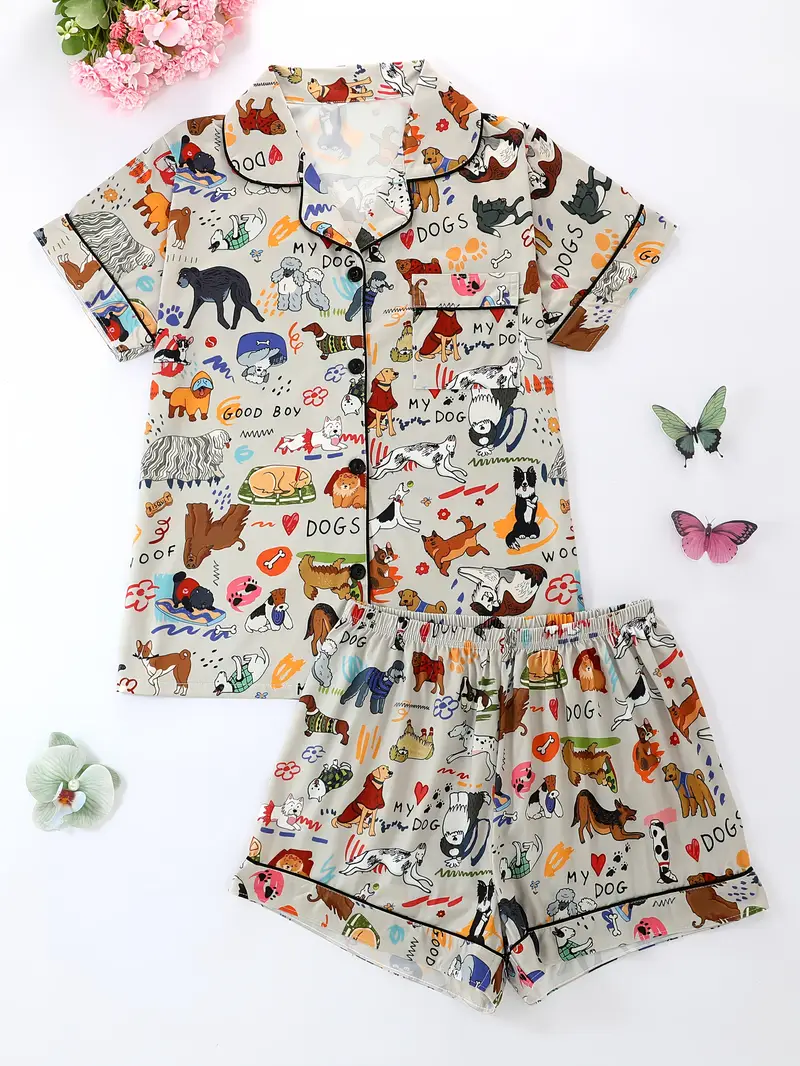 womens pajama set with animal print short sleeve button up shirt loose elastic shorts cool summer wear casual sleepwear and loungewear polyester fabric cute pajamas Product details 0