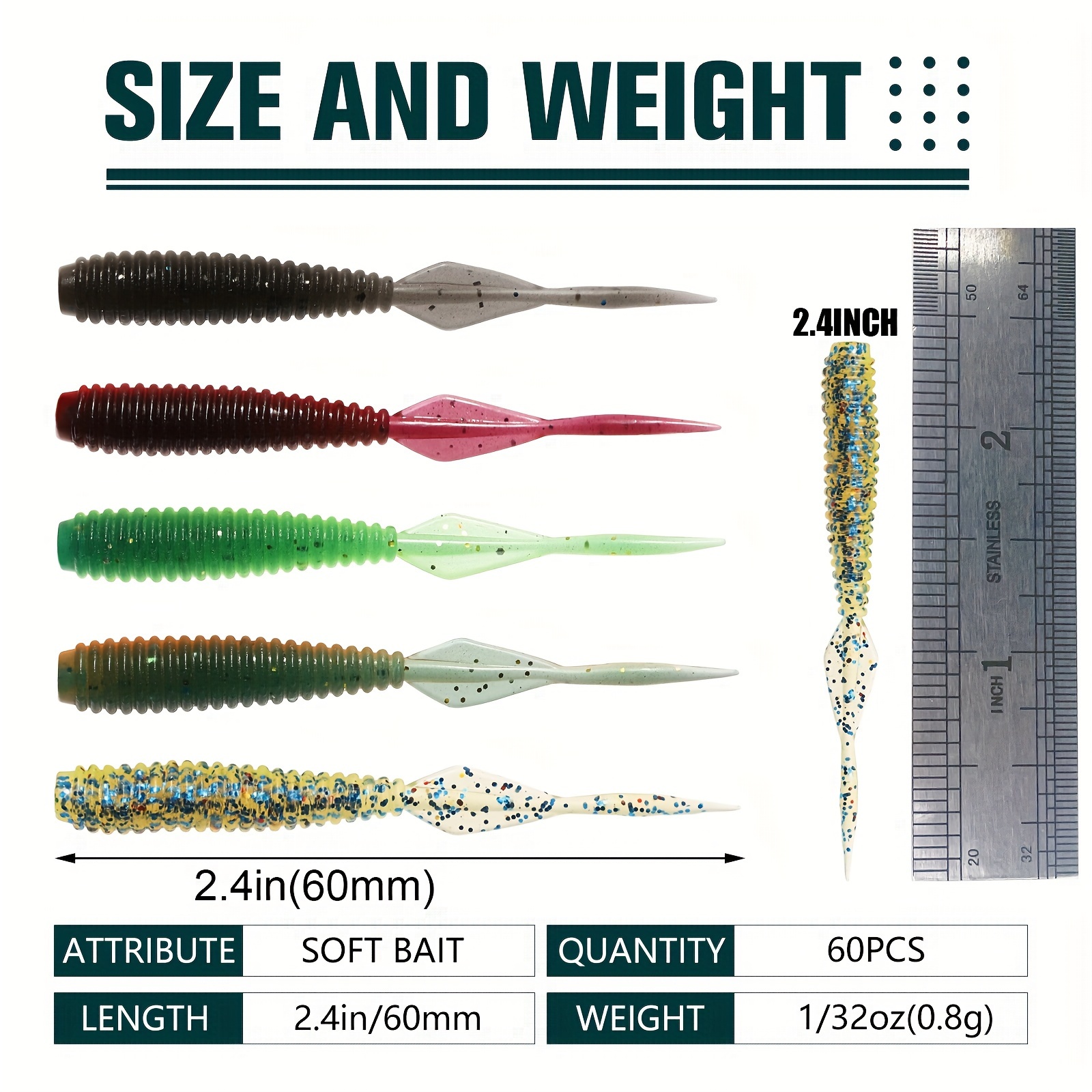 * 60pcs/box Bass Lure Kit, Fishing Soft Plastic Lure For Crappie Walleye  Trout, Fishing Baits With Tackle Box