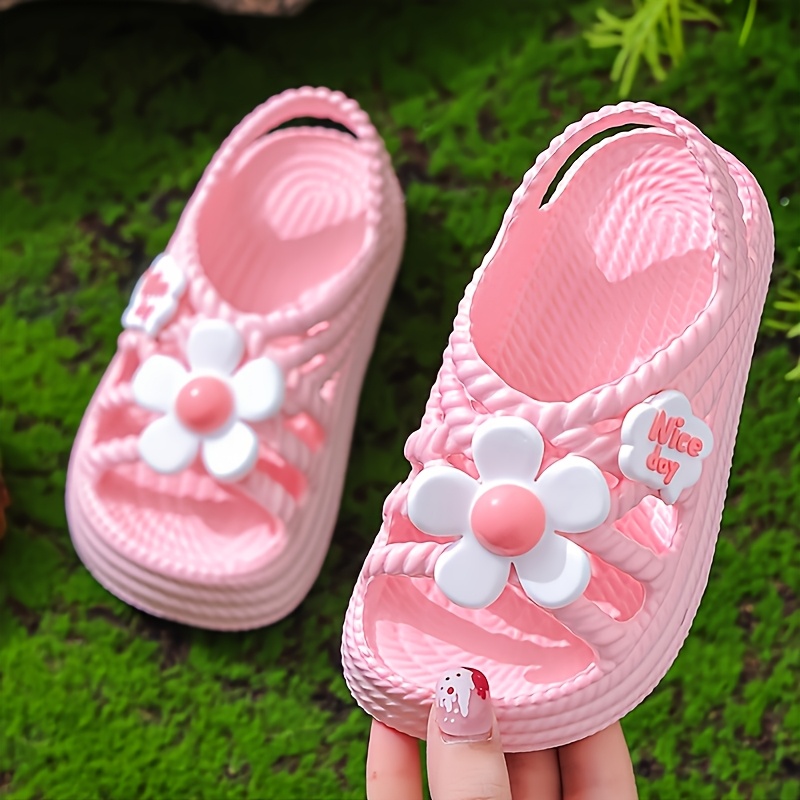Girls' Summer Sandals with Floral Accents - Breathable EVA Slip-On Beach Shoes, Lightweight Soft Sole for Outdoor Play & Casual Wear, Cute Flower Design in Pink, Purple, Beige, Shoes for Girls, Playful Youngsters Footwear, Cushioned Comfort Insole