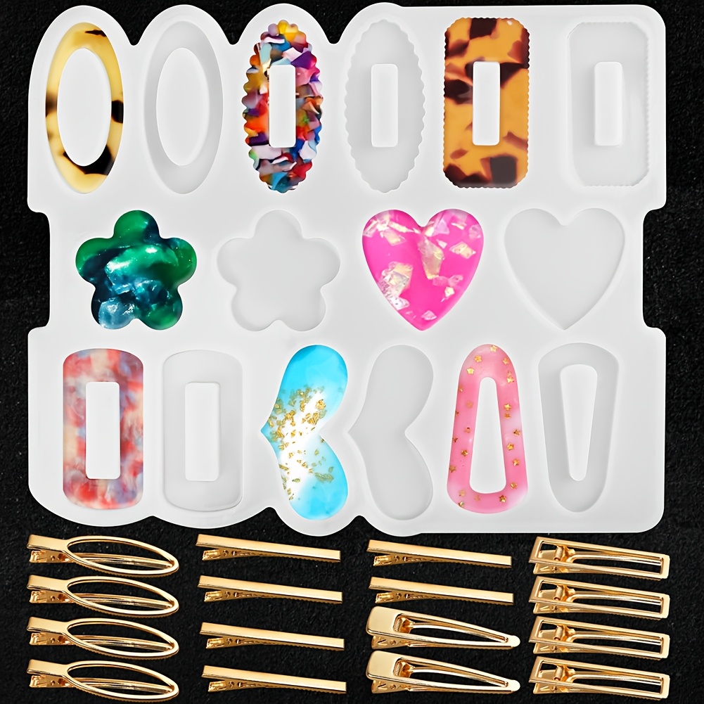 TEMU 16 In1 Resin Molds For Hair\ Clip Jewelry Casting Mold, 16pcs For Hair\ Clip Bases, Silicone Resin Molds For Hairpin Jewelry Casting, Used For