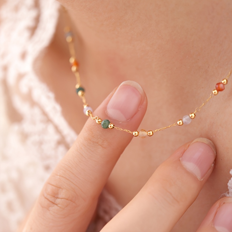 TEMU Collier en perles de naturelle colorée en acier inoxydable 316L plaqué or , pour femme, collier à chaînes métalliques superposées, cadeau de