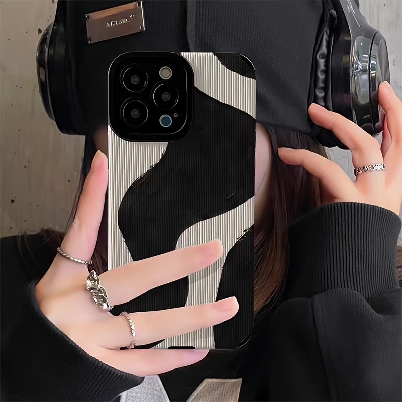 Simple Black Ink Pattern Mobile Phone Case Suitable for iPhone 16, 15, 14, 13, 12, 11, ProMax, plus, PRO Synthetic Faux Leather Matte Soft Mobile Phone Case, Full Edge Suede Mobile Phone Protective Case - Image 8