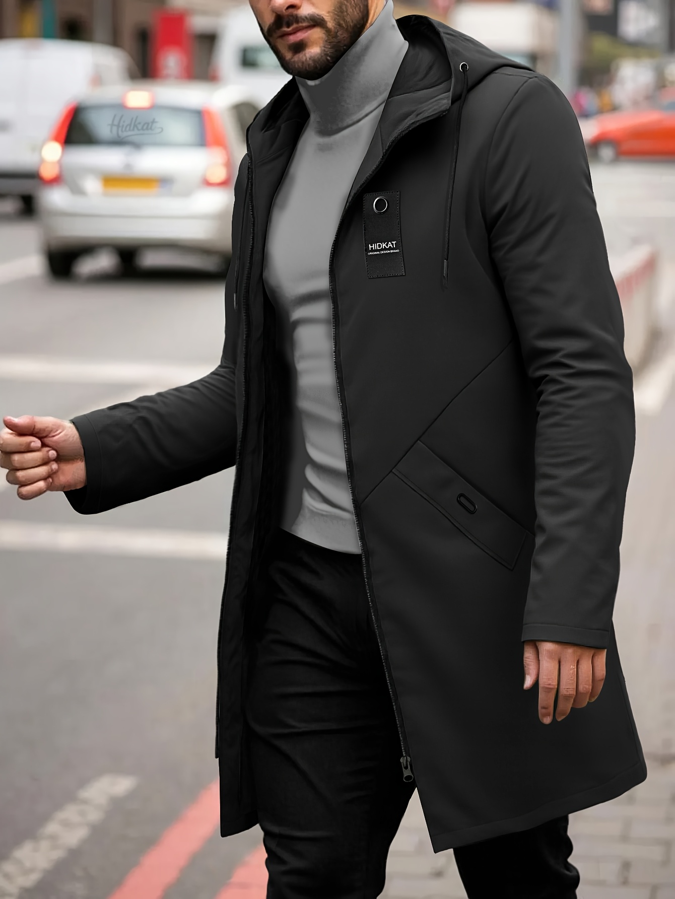 Chaqueta ligera transpirable para hombre con capucha ajustable y cordón, bolsillos grandes, cierre de cremallera, abrigo casual largo para uso diario, citas, viajes, esencial para primavera y otoño, chaqueta rompevientos, abrigo de primavera, estilo minimalista, tela duradera
