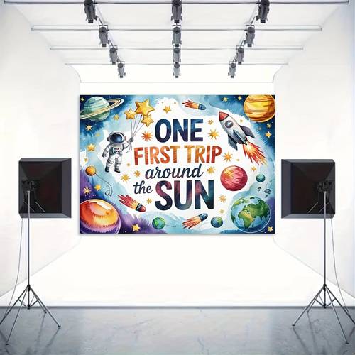 Space-Themed First Birthday Party Backdrop Banner-Vibrant Trip Around the with Astronaut & Rocket, Birthdays, Anniversaries, and Photo Studio Props-Indoor/Outdoor Use, Material, Party Decorations
