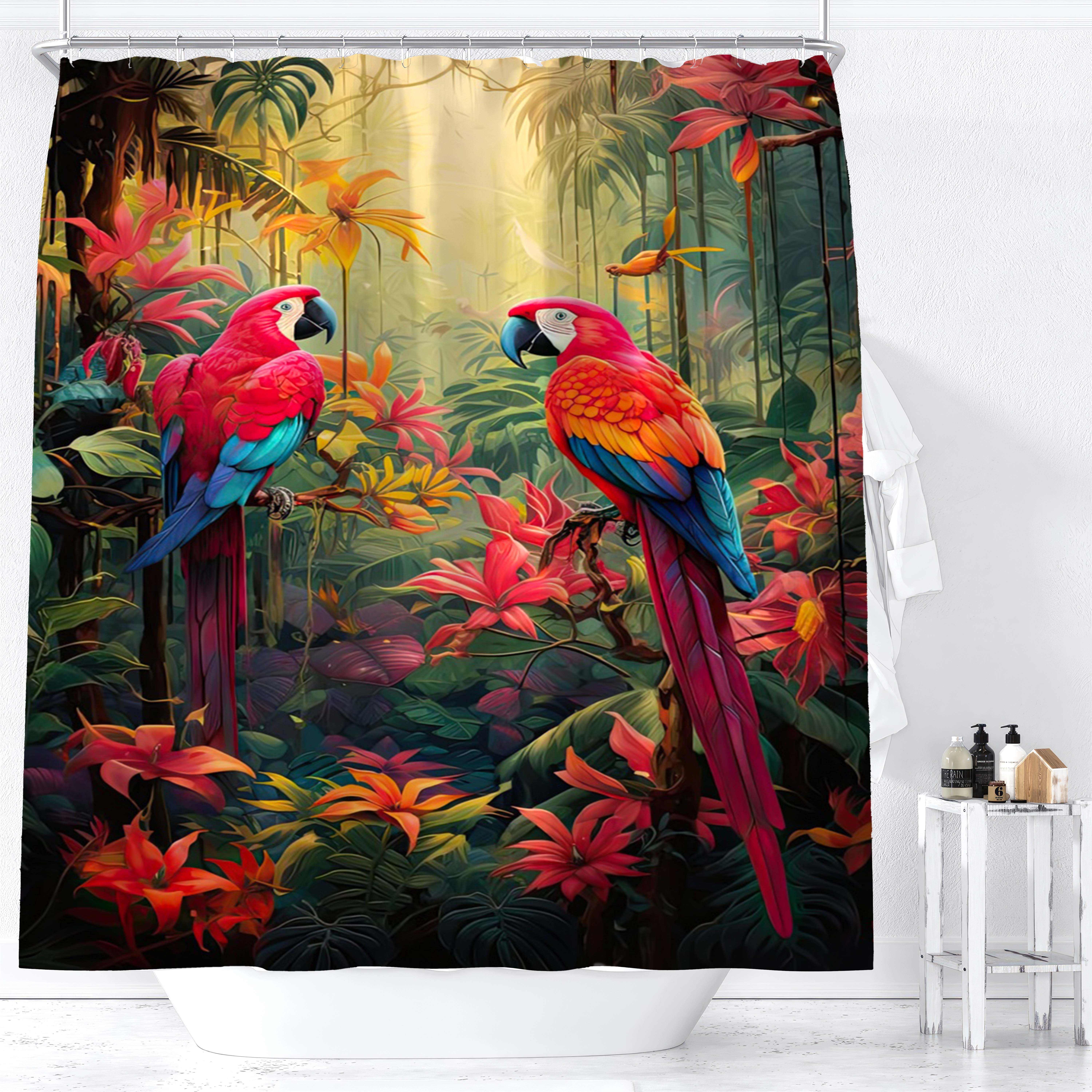 

1pc Tropical Rainforest & Red Floral Bird Design Shower Curtain, Digital Print, Waterproof Bathroom Decor, Shower Curtains