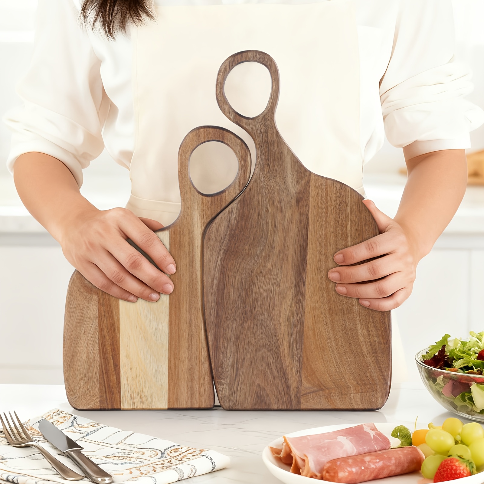 Image of A Set Of 2 Handcrafted Acacia Wood Cutting Boards With Handles, Made From High-quality Food-safe Materials, Suitable For Home Kitchen Cooking And Serving, Perfect For Couples And Everyday Use