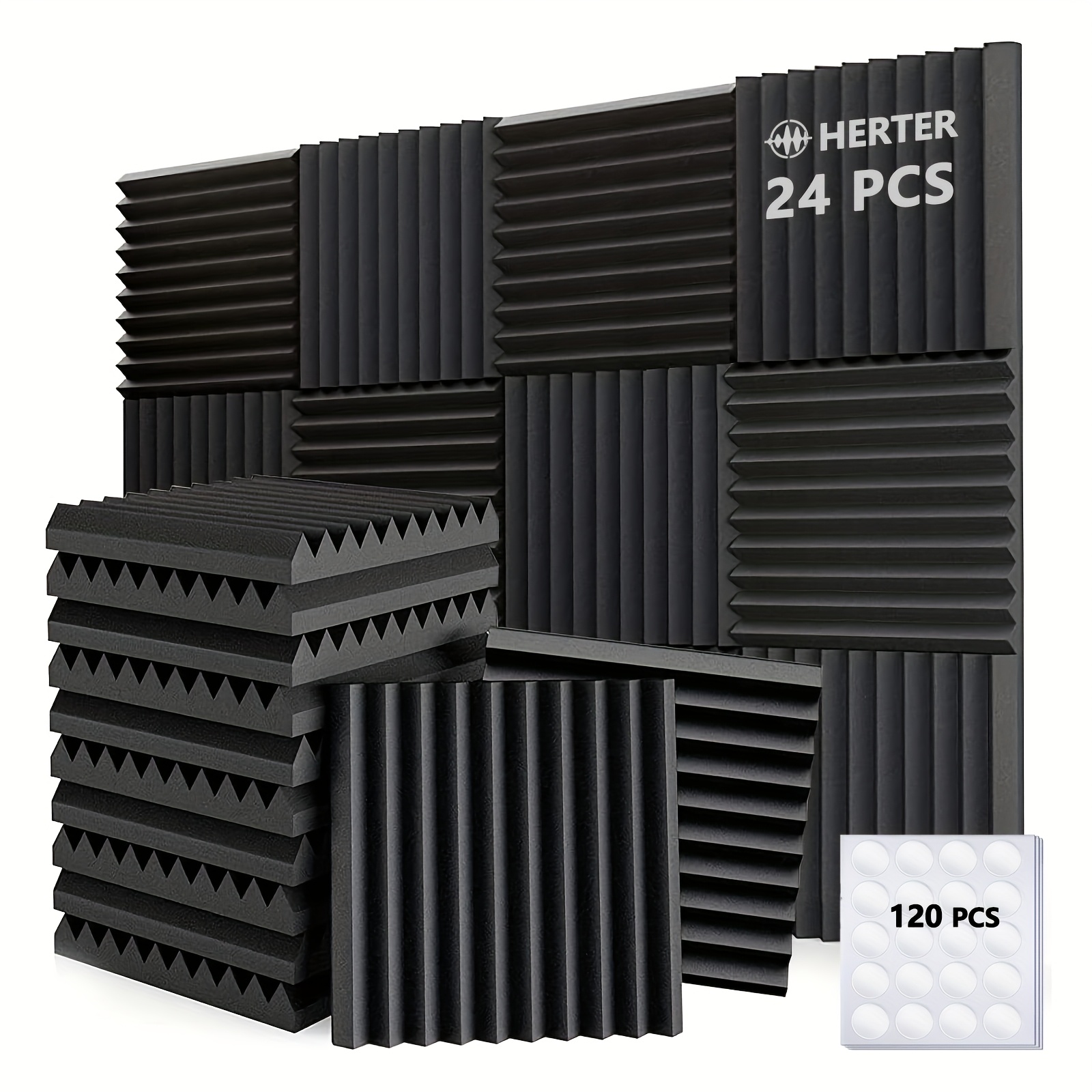 24 pack black soundproof foam panels with double sided   tape 30 30 2 5cm high density   sound absorbing wedge panels suitable for conference rooms offices soundproof wall panels recording   home theaters and music