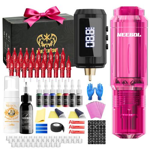tattoo gun kit complete set portable design cordless tattoo pen 1600mah battery wireless machine 20 red cartridge needles 8 inks soap tattoo supplies for beginners artists body art makeup easter gift