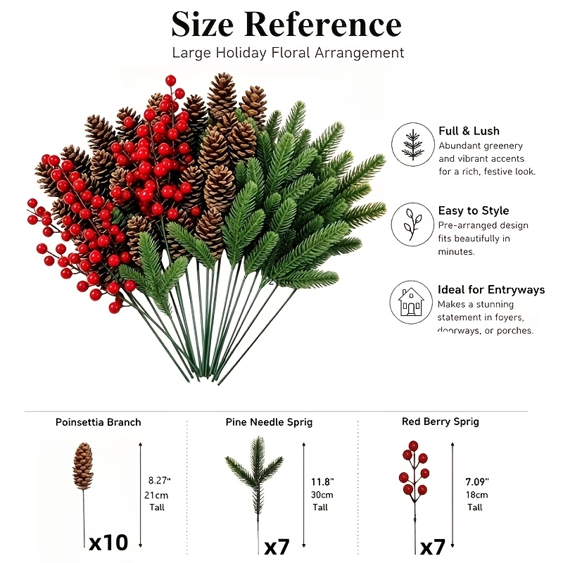 TEMU 24pcs Pine Branch, , And Ornaments | Realistic Plastic Tree Branch Christmas Tree Decorations | Winter Wedding And Wreath Centerpiece Decor |
