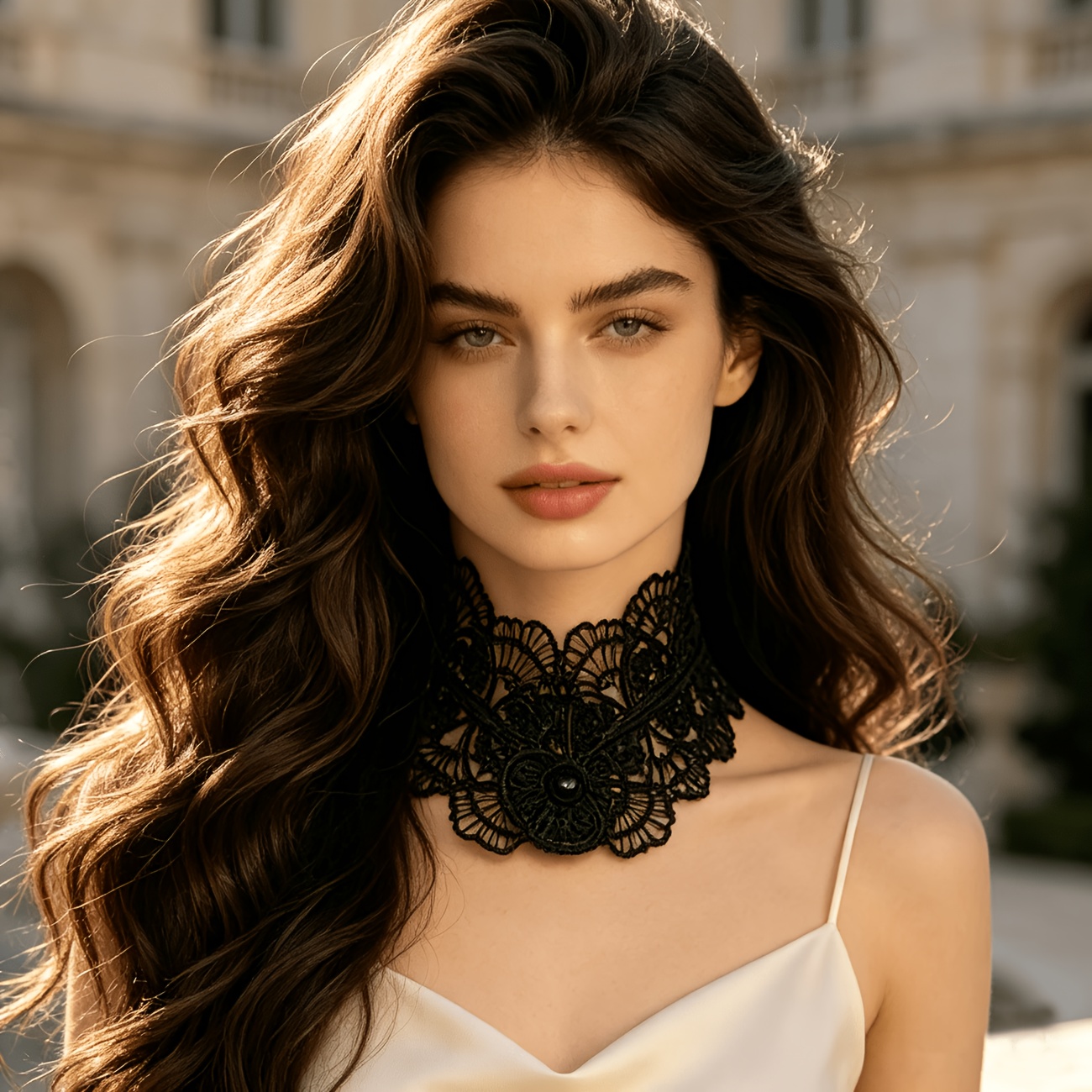 Women's Vintage Openwork Lace Choker with Button Embellishment