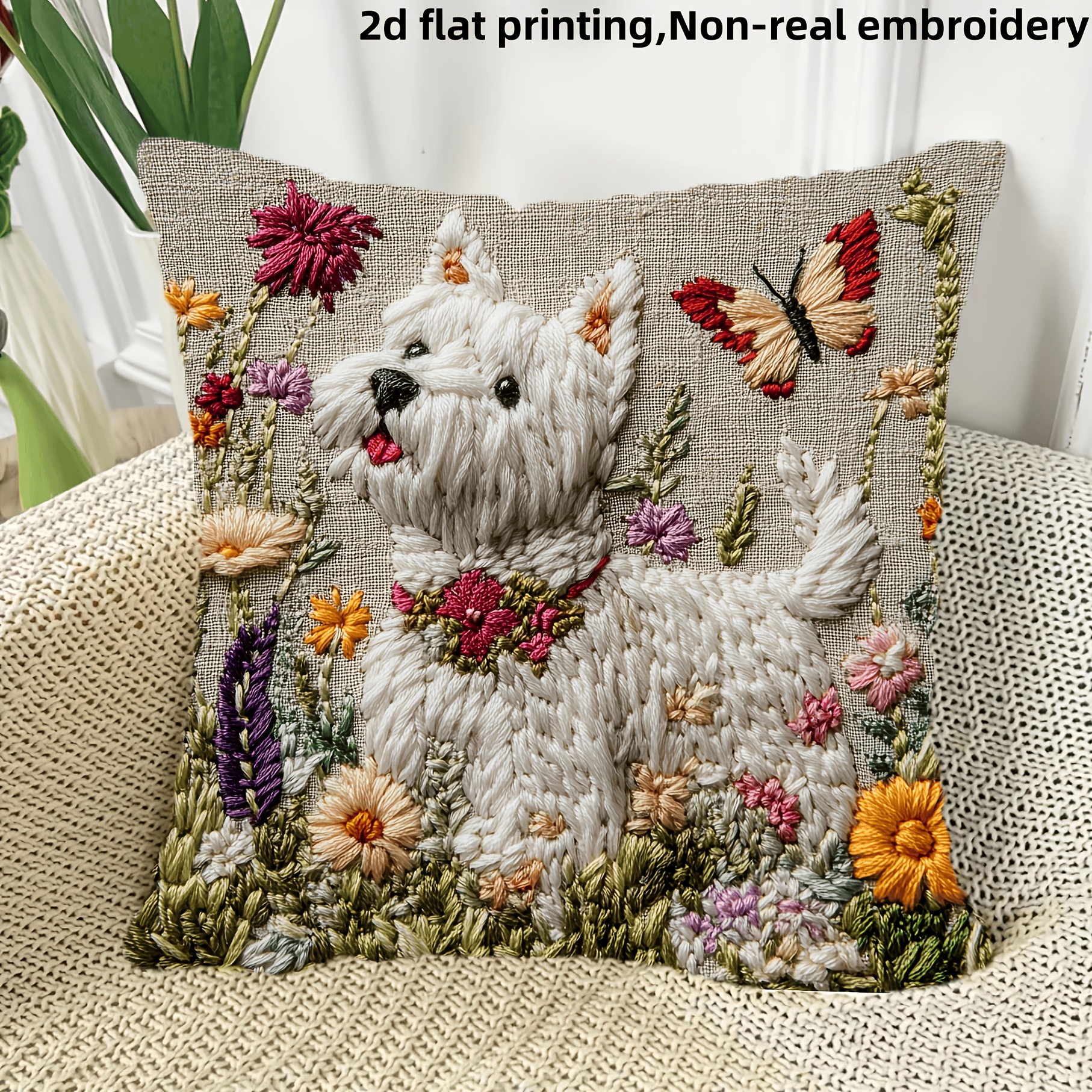 TEMU 2d Flat Printing, 1pc West Highland Soft, Comfortable, And Polyester Short-pile Fabric, Single-sided Printed Pillowcase, Embroidery, 17.7*17.7