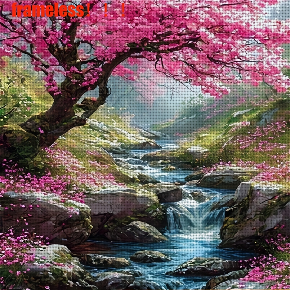 TEMU 1 Set 11ct Frameless Diy Cross Stitch Kit, Pink By A Gurgling Stream, Hand Embroidery Kit Including Pattern Fabric, Thread, And Needles, Living