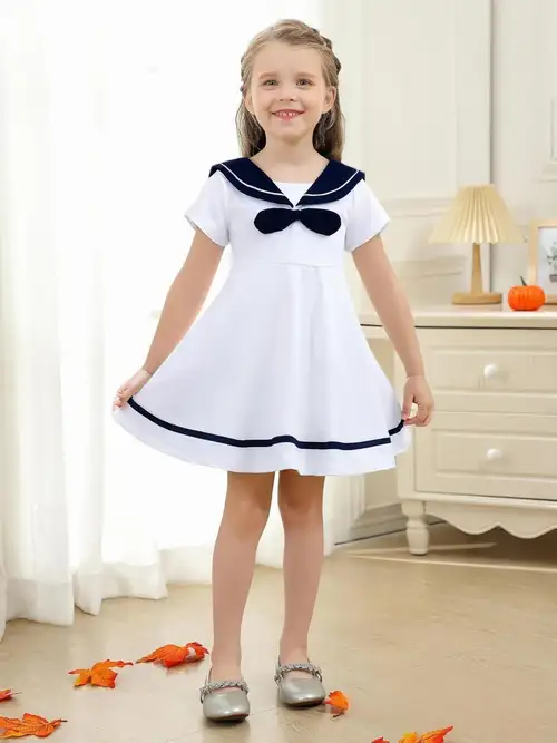 Girls' Nautical Sailor Collar Dress with Pleated & Cute Rabbit Bow - Blue & White Striped Princess Party Wedding Outfit, Academy-Style Summer Dress for Events, Birthdays, Beach Parties - Machine ... Girls' Nautical Sailor Collar Dress with Pleated & Cute Rabbit Bow - Blue & White Striped Princess Party Wedding Outfit, Academy-Style Summer Dress for Events, Birthdays, Beach Parties - Machine ...