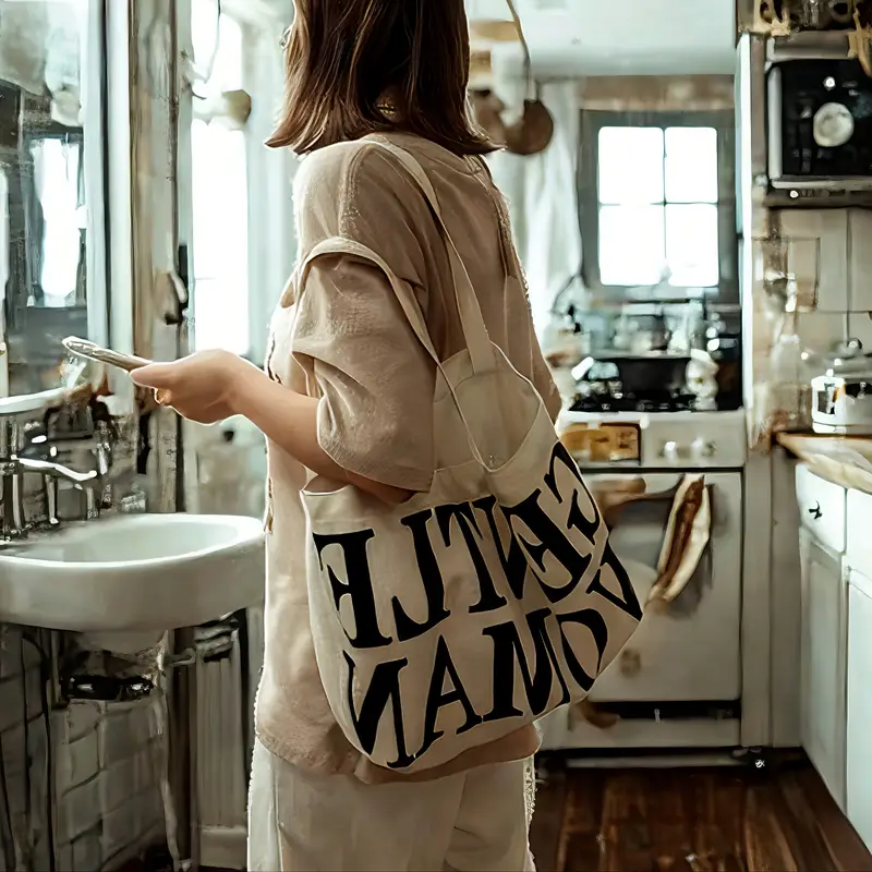 canvas tote bag large capacity white letter print shoulder bag for everyday use everyday shoulder bag bag simple tote construction details 5