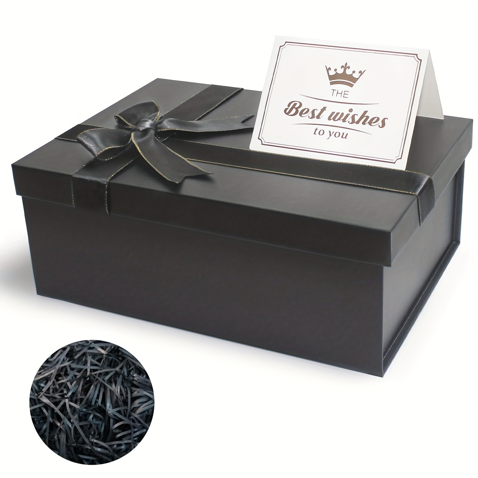 Travel accessories, jewelry storage box, gift box, high-end gift box with lid, featuring ribbons and a greeting card, filled with fragmented fibers. Suitable for use in packaging birthday, wedding, Christmas, anniversary, and holiday gifts.