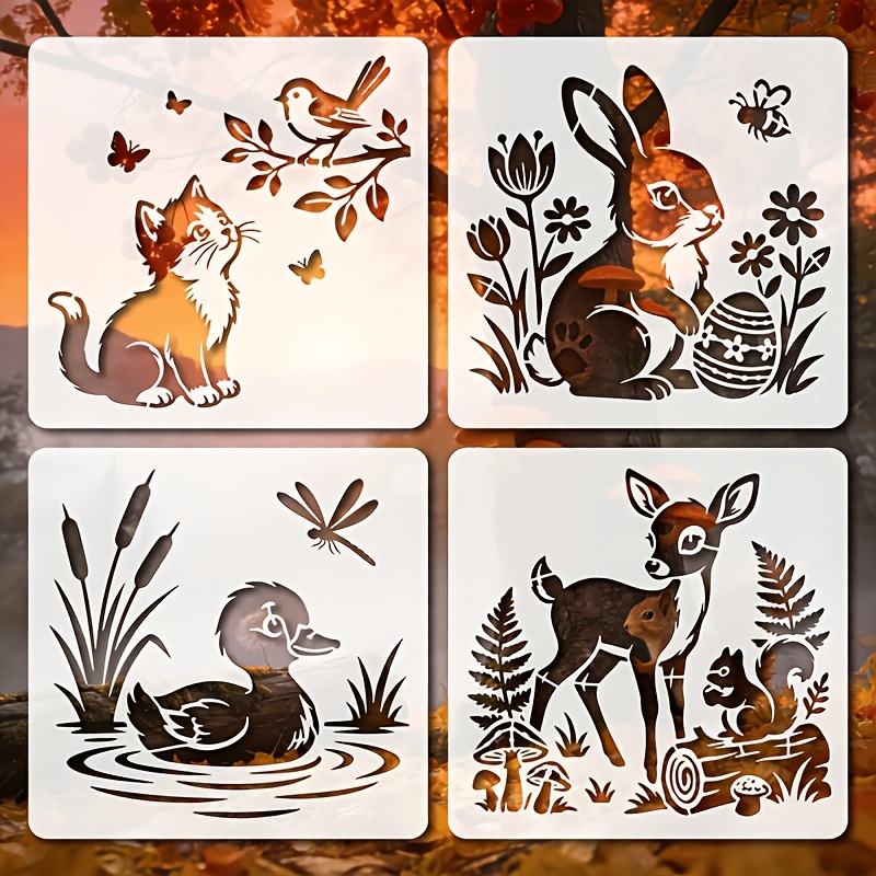 TEMU 4pcs Forest Animal Pattern Stencil Set, Ideal For Brush Painting. Suitable For Crafts, Wall Decorations, Furniture Embellishments, , And Various