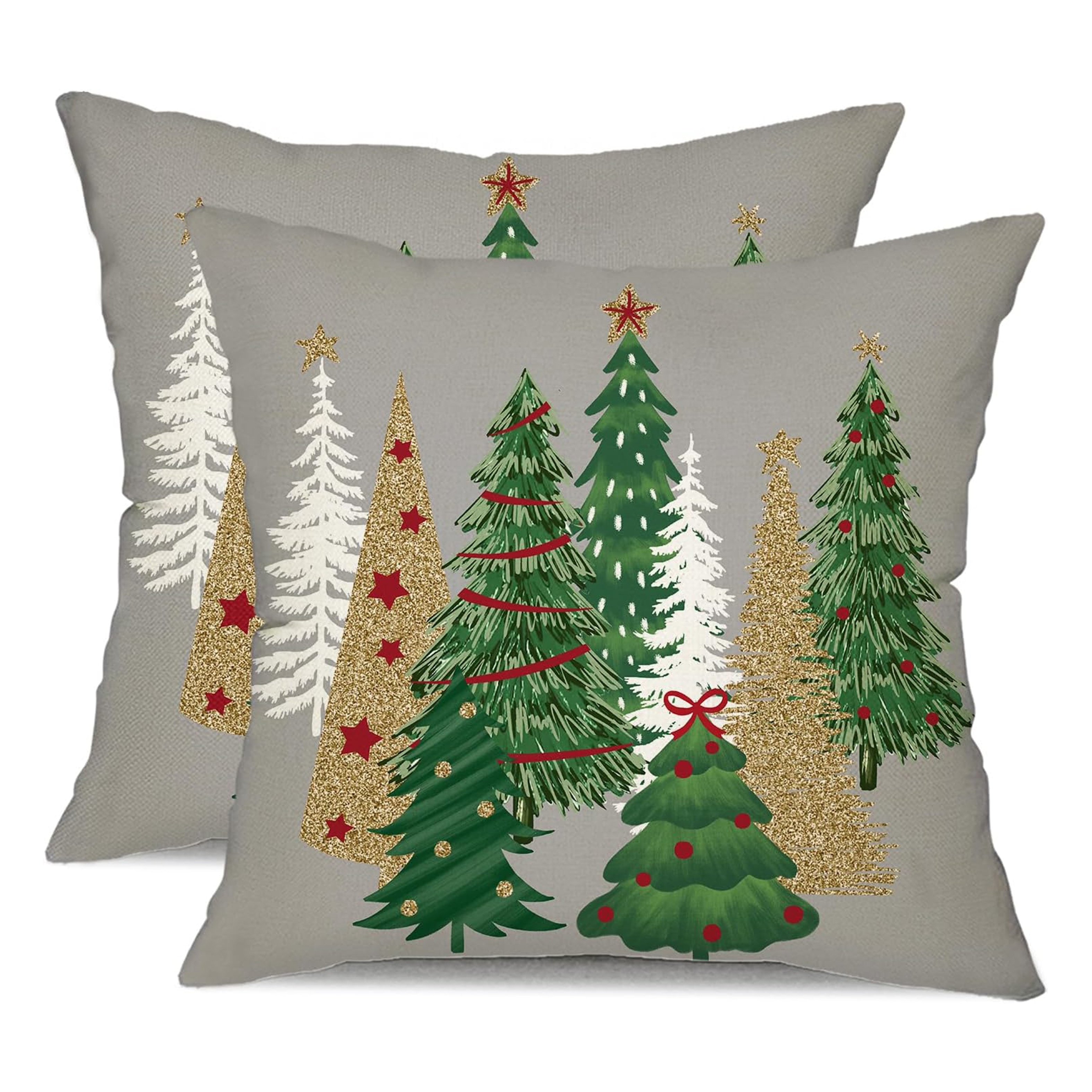

2-piece Grey Linen Christmas Pillow Covers With Festive Tree Design - Decorative Throw Pillow Cases For Home & Couch, Zip Closure, Machine Washable - 16x16/18x18/20x20 Inches (no Insert)