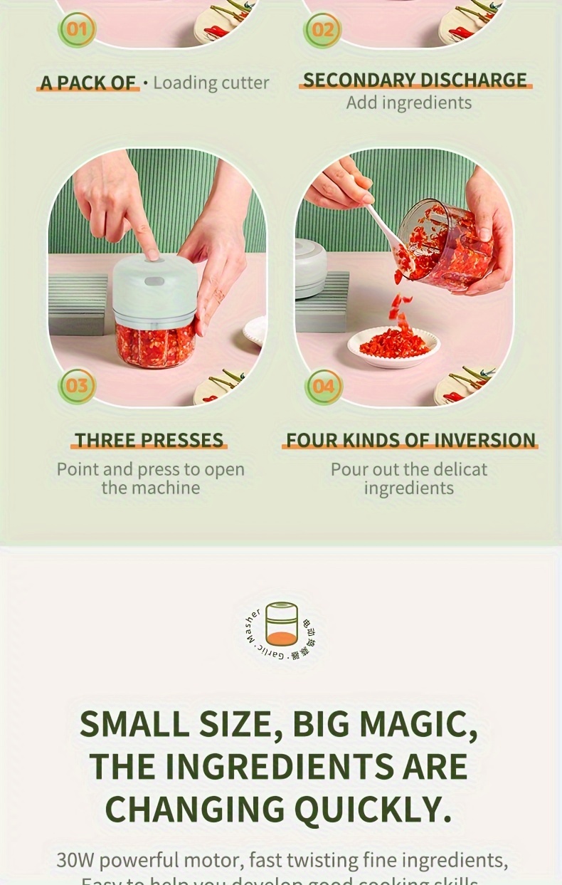 Picadora de ajo eléctrica portátil mini recargable por USB de 100/250 ml - Para picar ajo, jengibre, chile, cebolla, carne