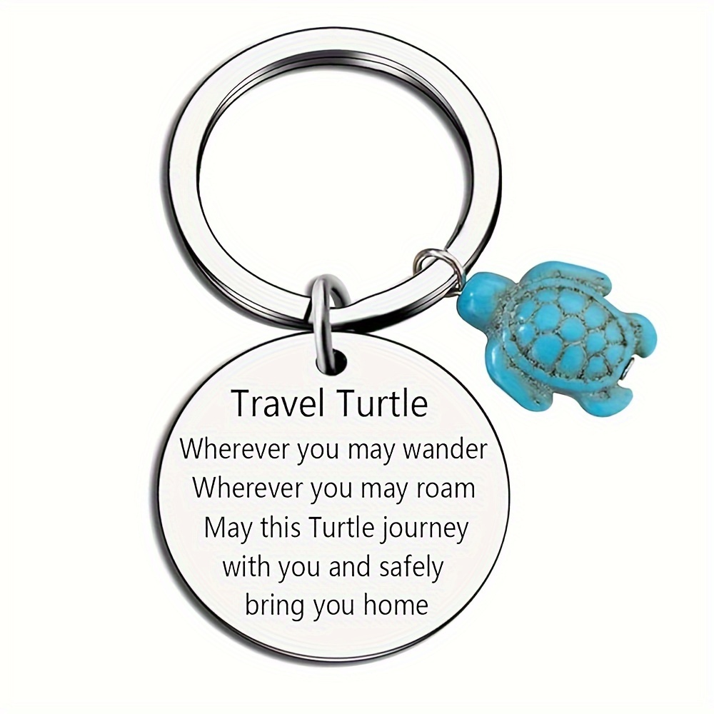 

1pc Stainless Steel Travel Turtle Keychain With Turquoise Charm - , Silvery Grey, Non-braided, - Accessory & Thoughtful Gift For Men, Family, Friends