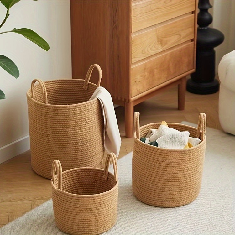 rustic cotton rope woven laundry basket large capacity   home clothes storage organizer round shape no lining with handles for laundry room laundry baskets details 0